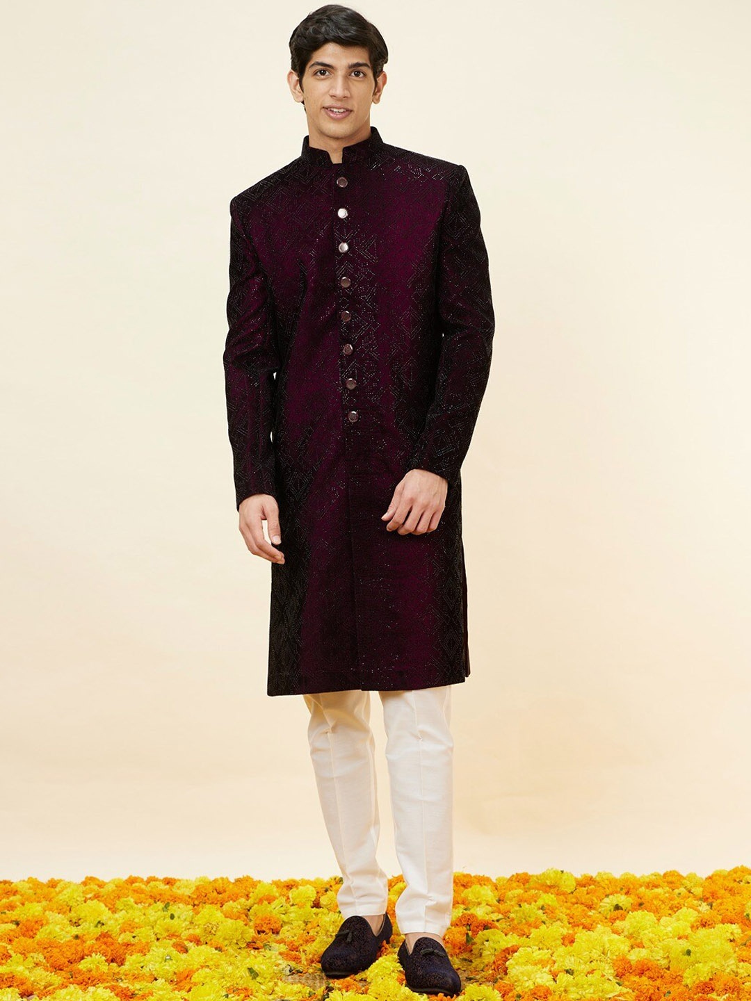 

Manyavar Self Design Mandarin Collar Velvet Sherwani Set, Purple