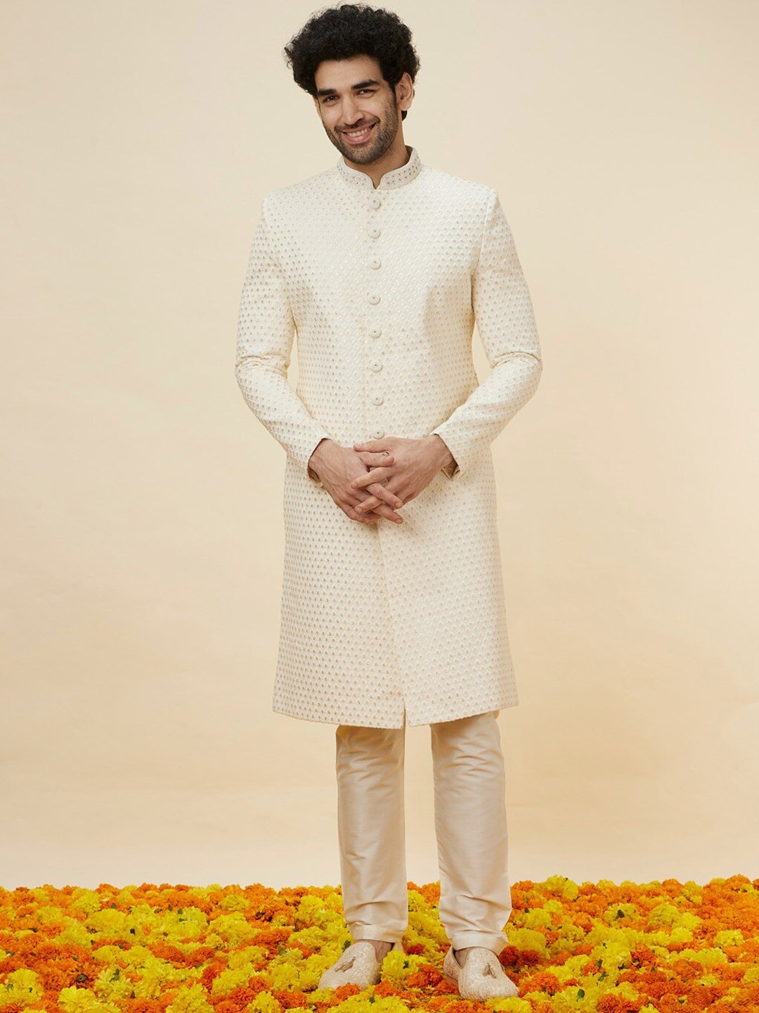 

Manyavar Embroidered Mandarin Collar Sherwani Set, Cream