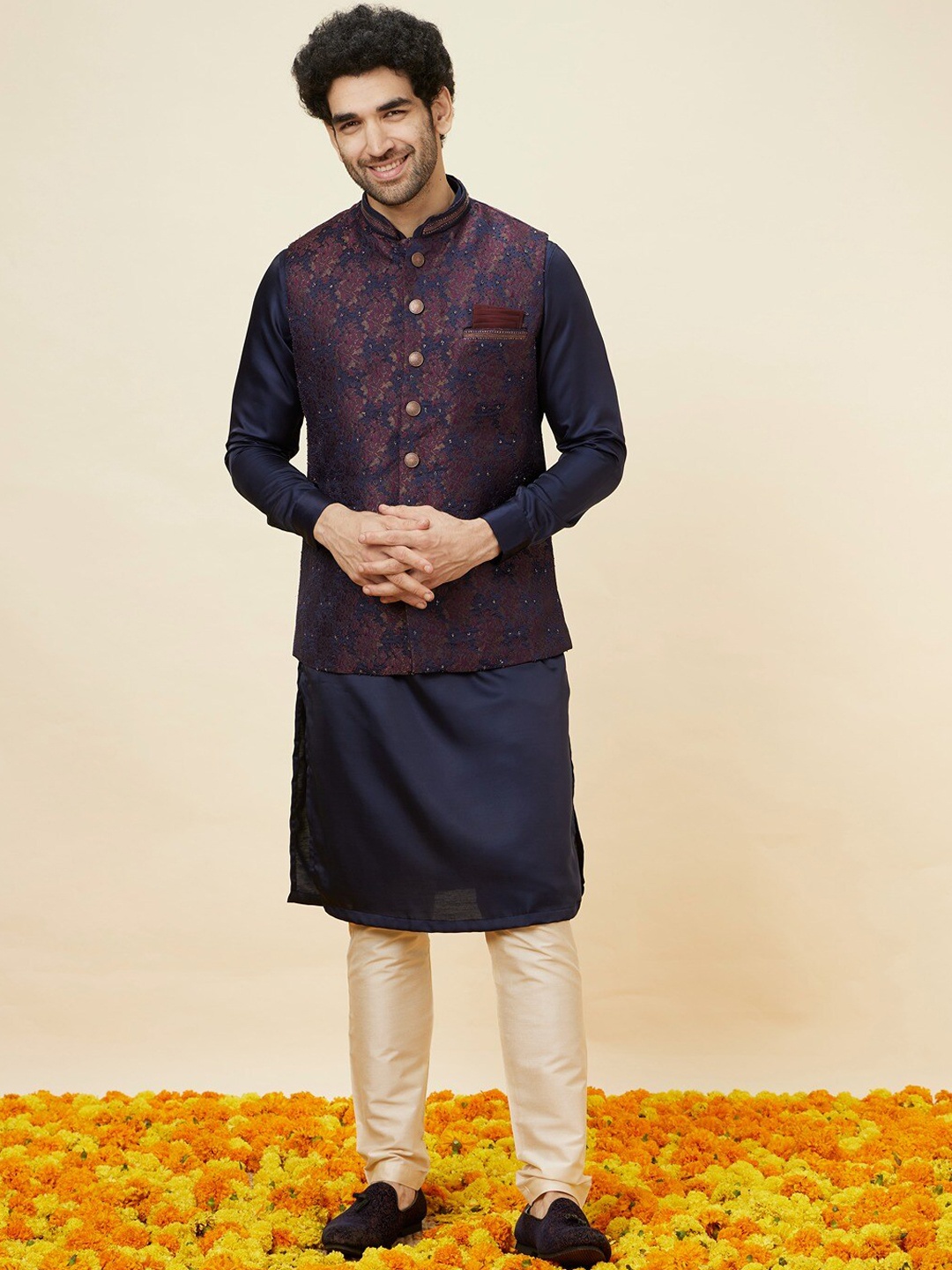 

Manyavar Floral Woven Design Nehru Jacket, Navy blue