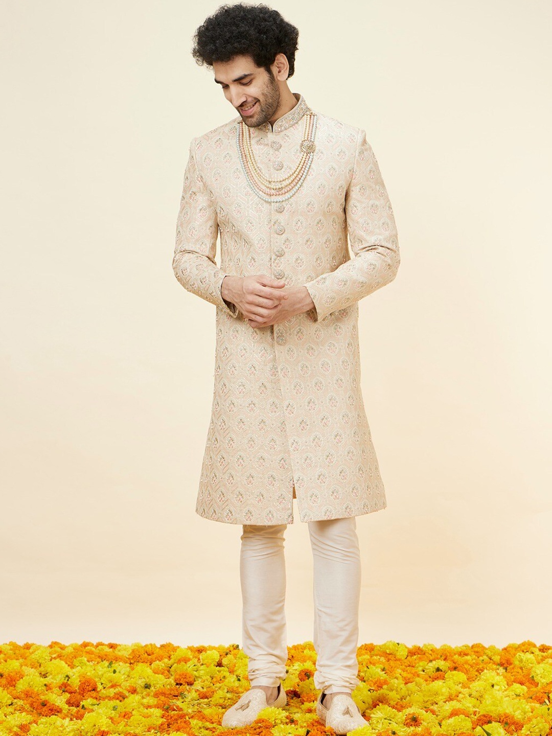 

Manyavar Embroidered Mandarin Collar Raw Silk Sherwani Set, Beige