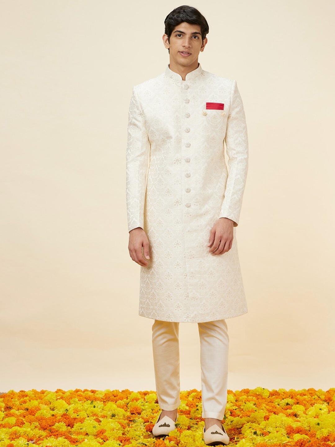 

Manyavar Self Design Mandarin Collar Raw Silk Sherwani Set, Off white