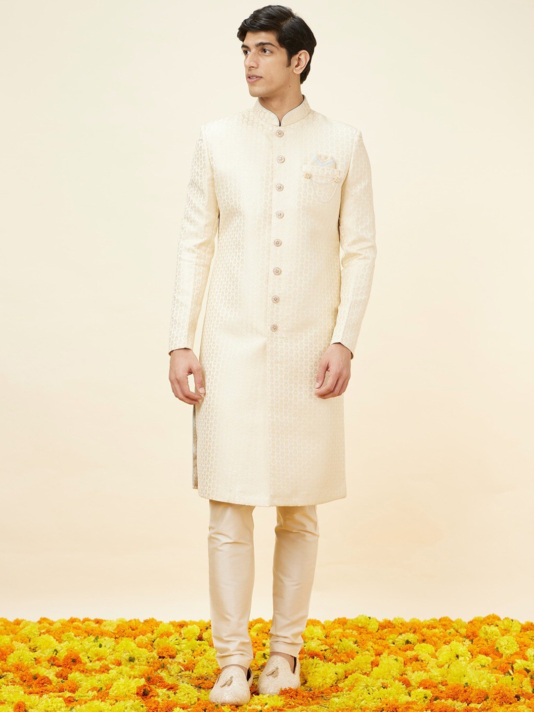 

Manyavar Self Design Mandarin Collar Raw Silk Sherwani Set, Cream