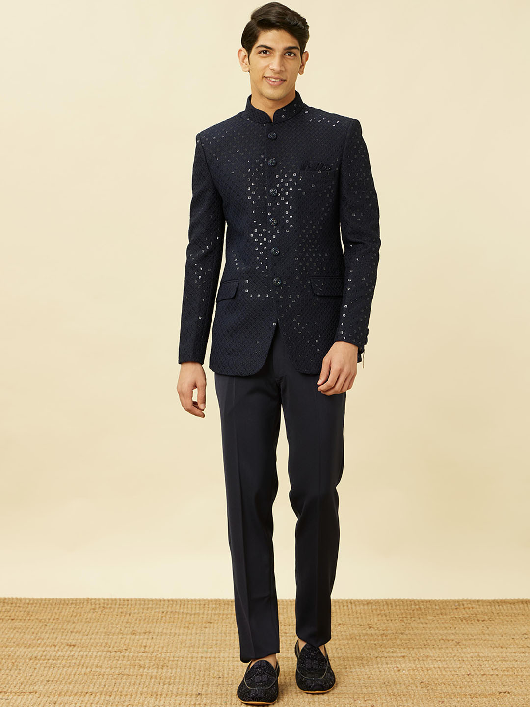 

Manyavar Embroidered Mandarin Collar 3 Piece Bandhgala With Trousers & Pocket Square, Navy blue