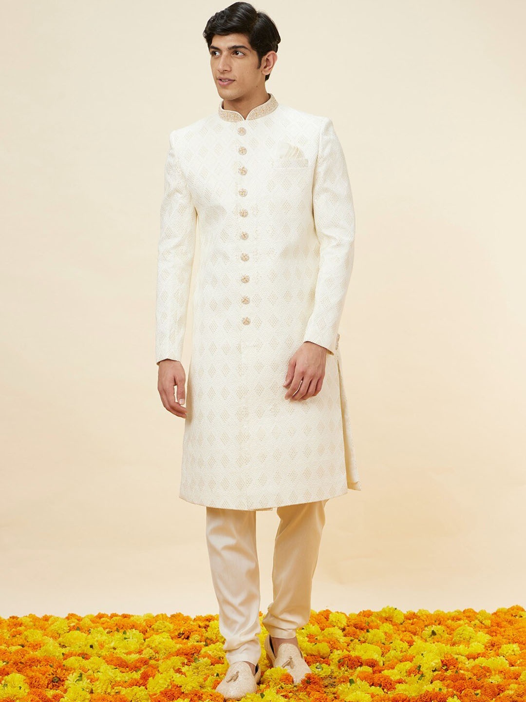 

Manyavar Embroidered Mandarin Collar Raw Silk Sherwani Set, Cream