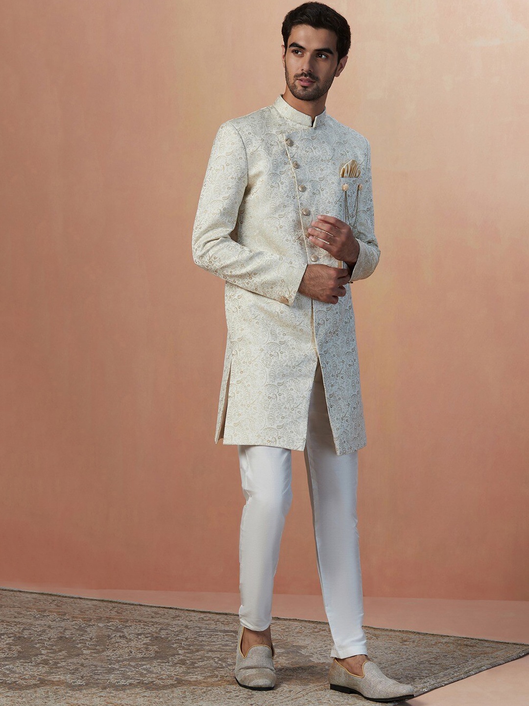 

Manyavar Self Design Mandarin Collar Raw Silk Sherwani Set, Beige