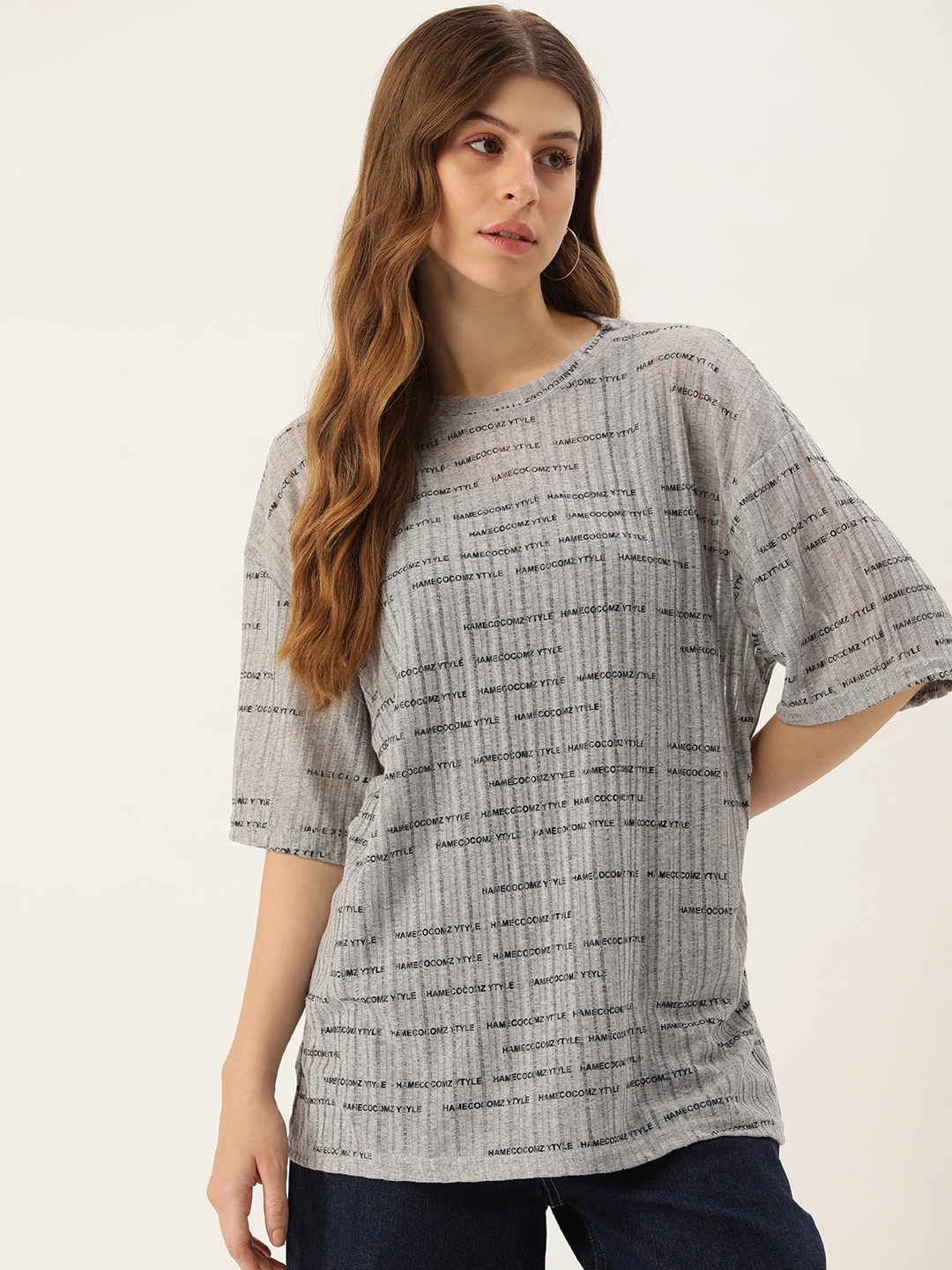 

SHECZZAR Typography Printed Flared Sleeve Top, Grey