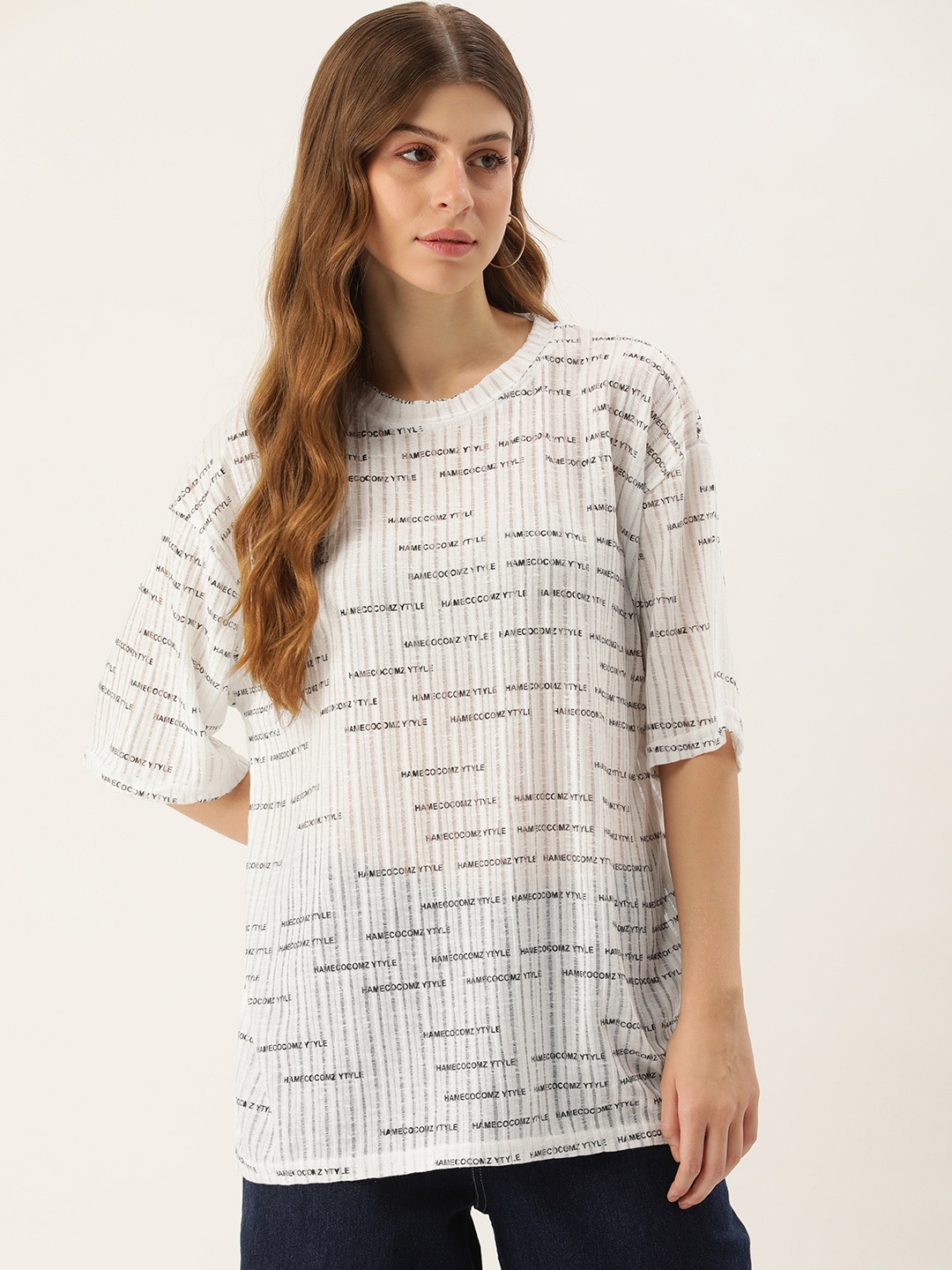 

SHECZZAR Typography Printed Flared Sleeve Top, White