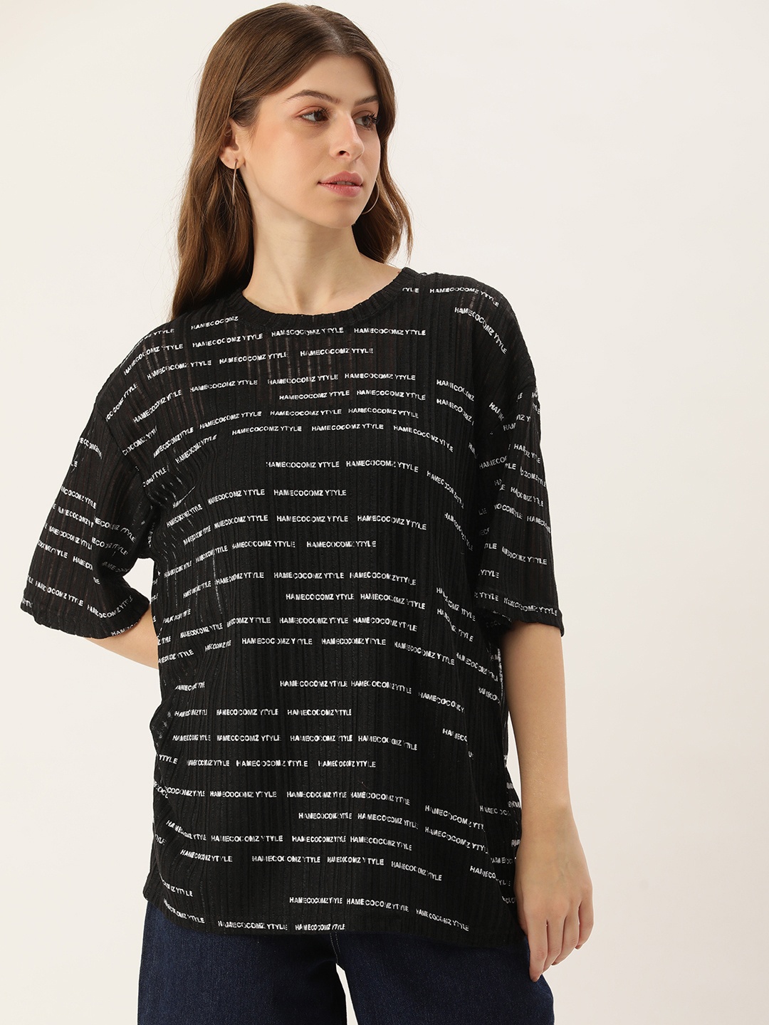 

SHECZZAR Typography Printed Flared Sleeve Top, Black