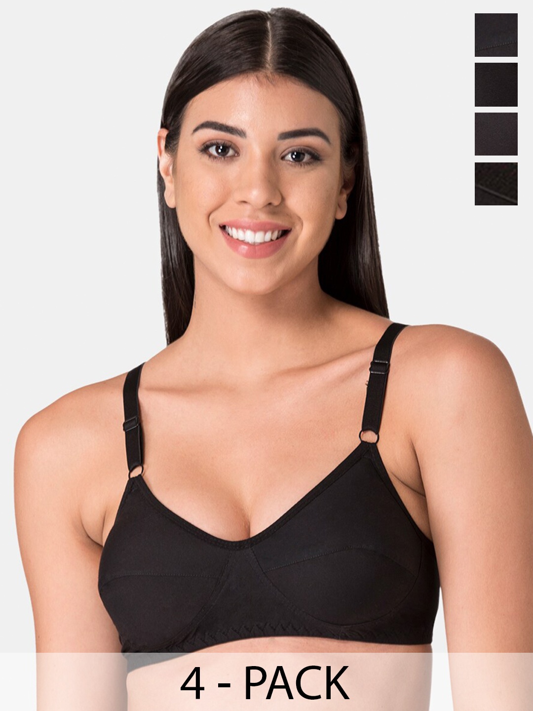 

KOMLI Pack Of 4 Pure Cotton Minimizer Bra Full Coverage Non Padded All Day Comfort, Black