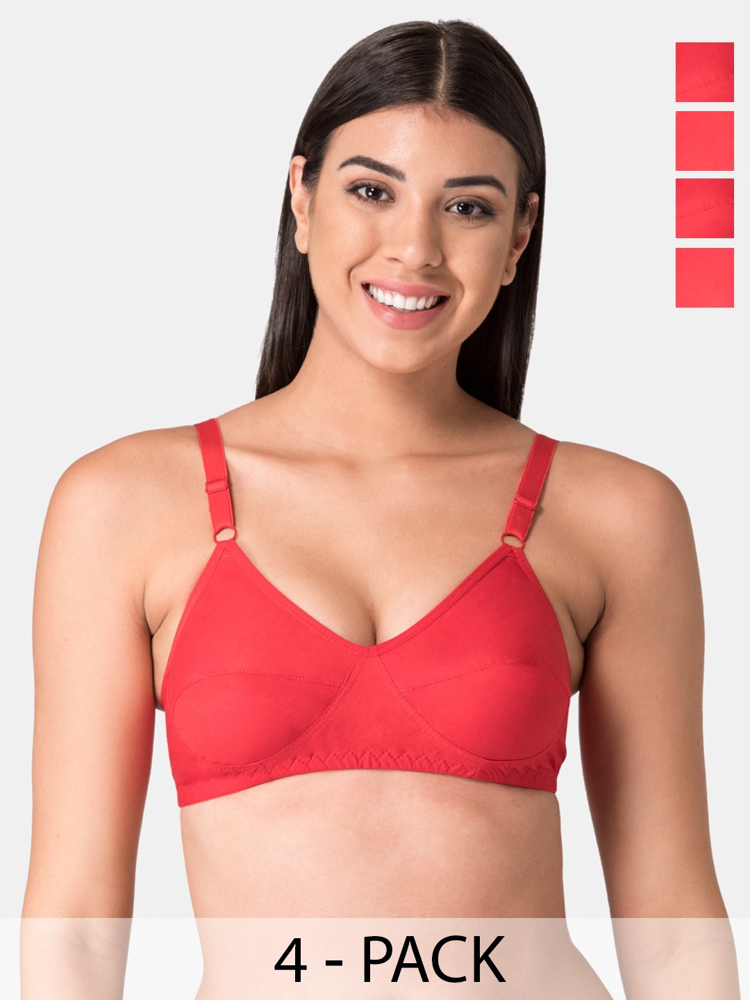 

KOMLI Pack Of 4 Pure Cotton Minimizer Bra Full Coverage Non Padded All Day Comfort, Red