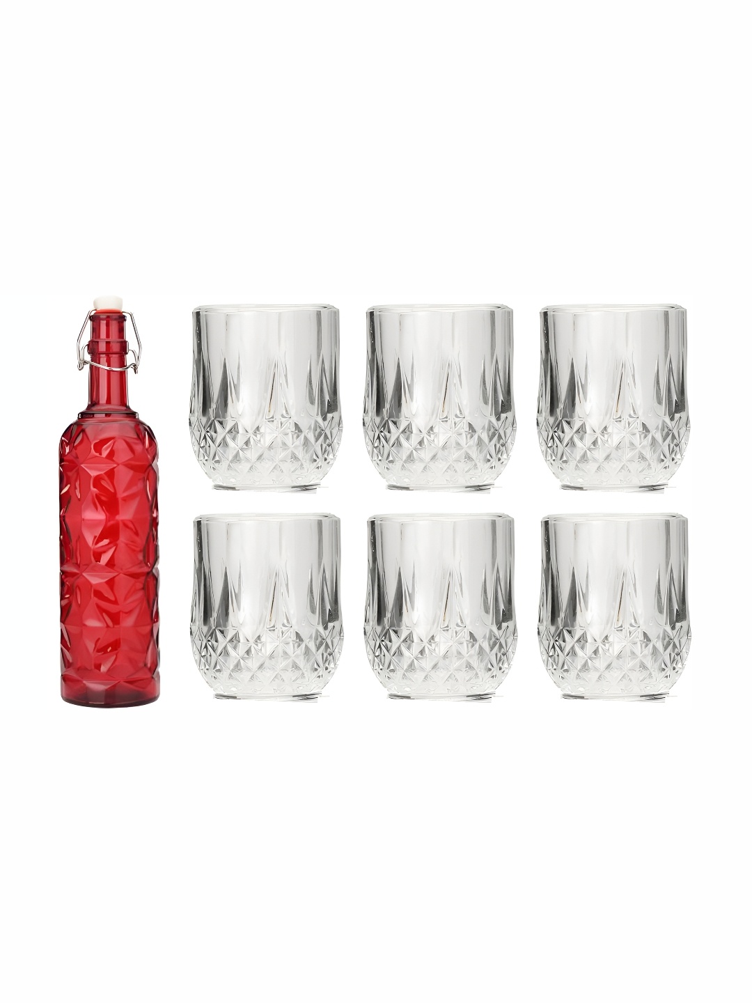 

Afast Red & Transparent 7 Pieces Textured Water Bottle With Glasses Set
