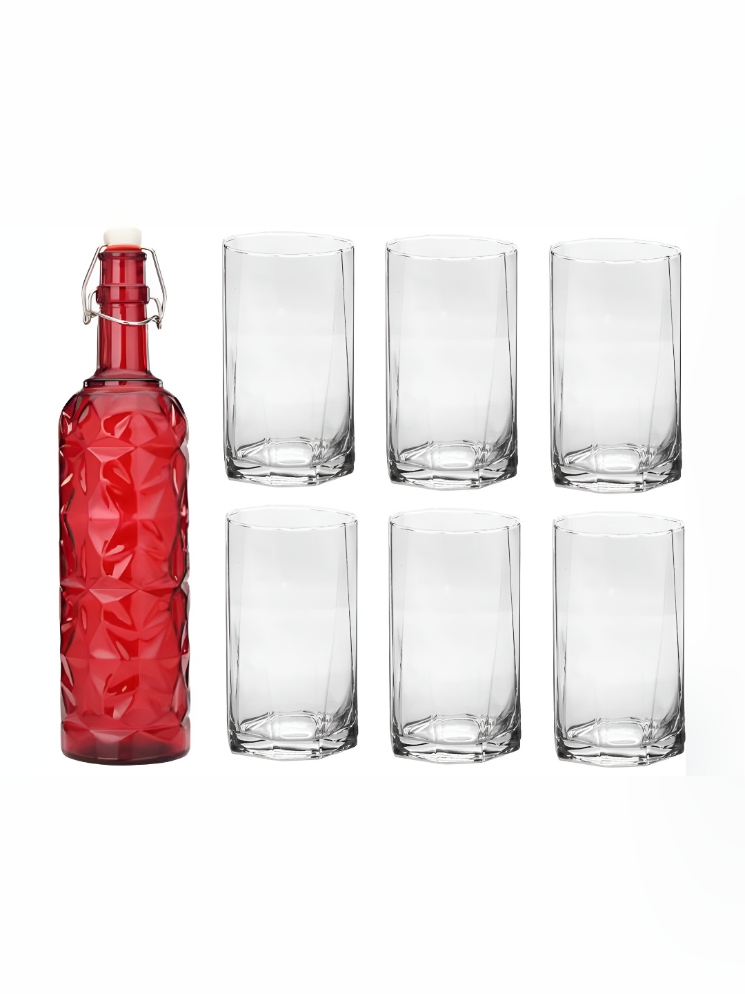 

Afast Red & Transparent 7 Pieces Water Or Juice Glasses & Bottle