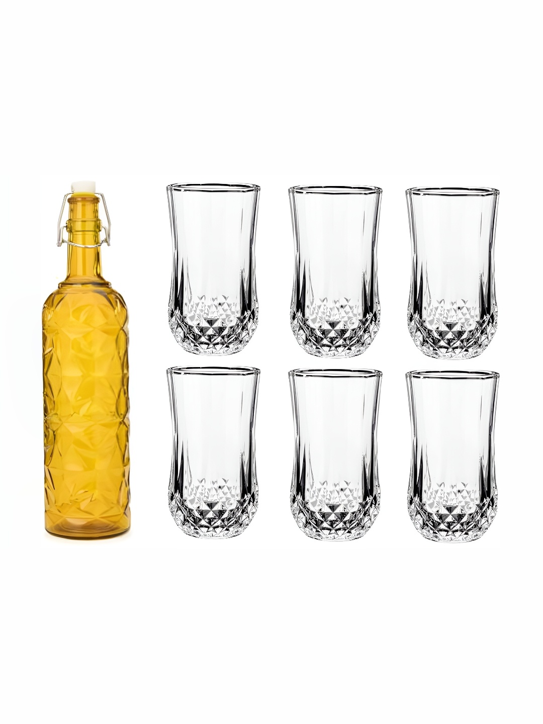 

Afast Yellow & Transparent 7 Pieces Textured Water Bottle With Glasses Set