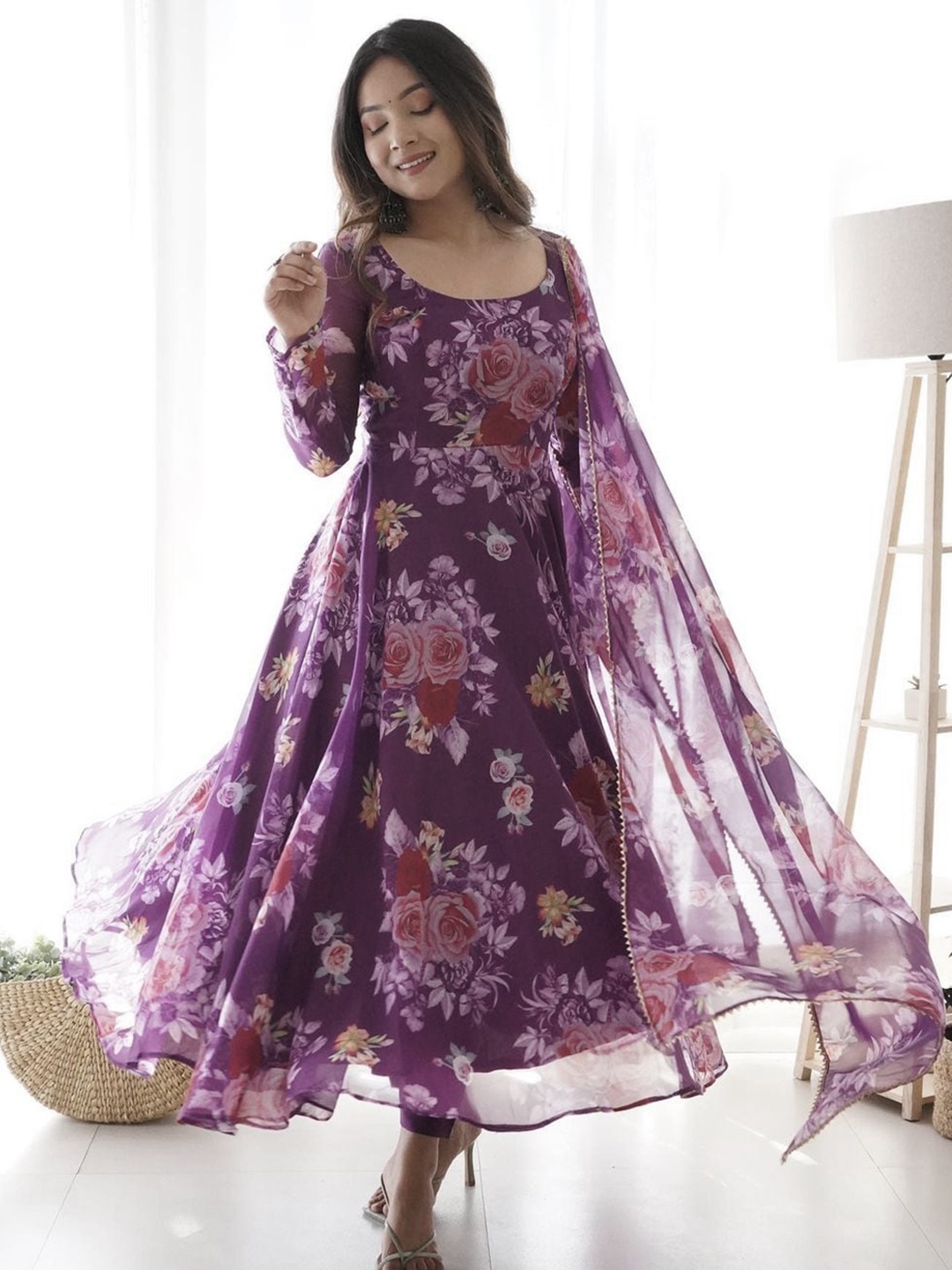 

KALINI Floral Printed Kurta With Trousers & Dupatta, Purple