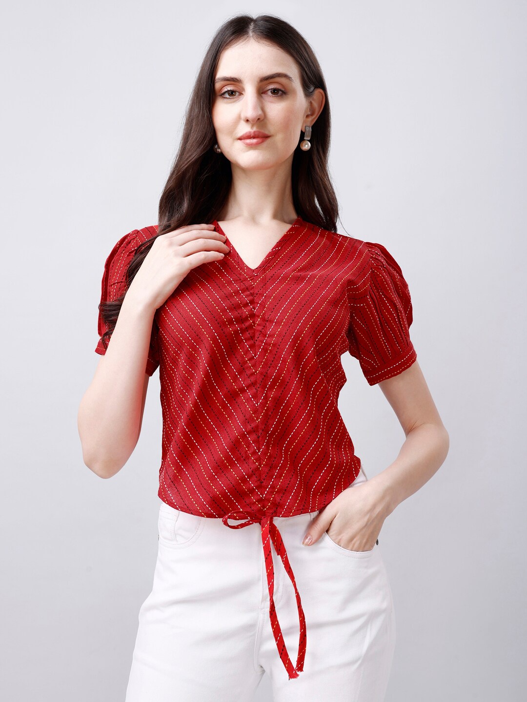 

Kinjo Striped V-Neck Puff Sleeves Tie Ups Detail Cotton Shirt Style Top, Red