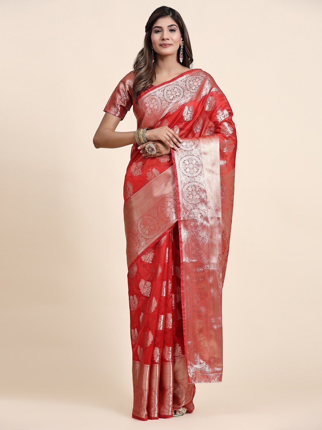 

bansari textiles Ethnic Motifs Woven Design Zari Organza Banarasi Saree, Red