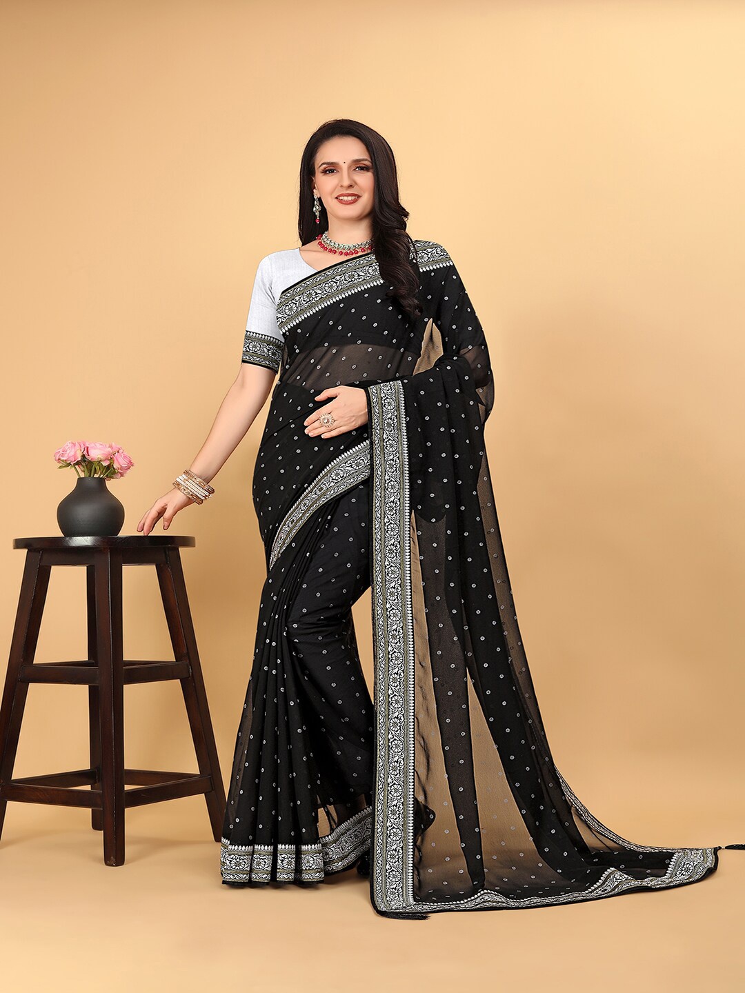 

Pionex Paisley Poly Georgette Bhagalpuri Saree, Black