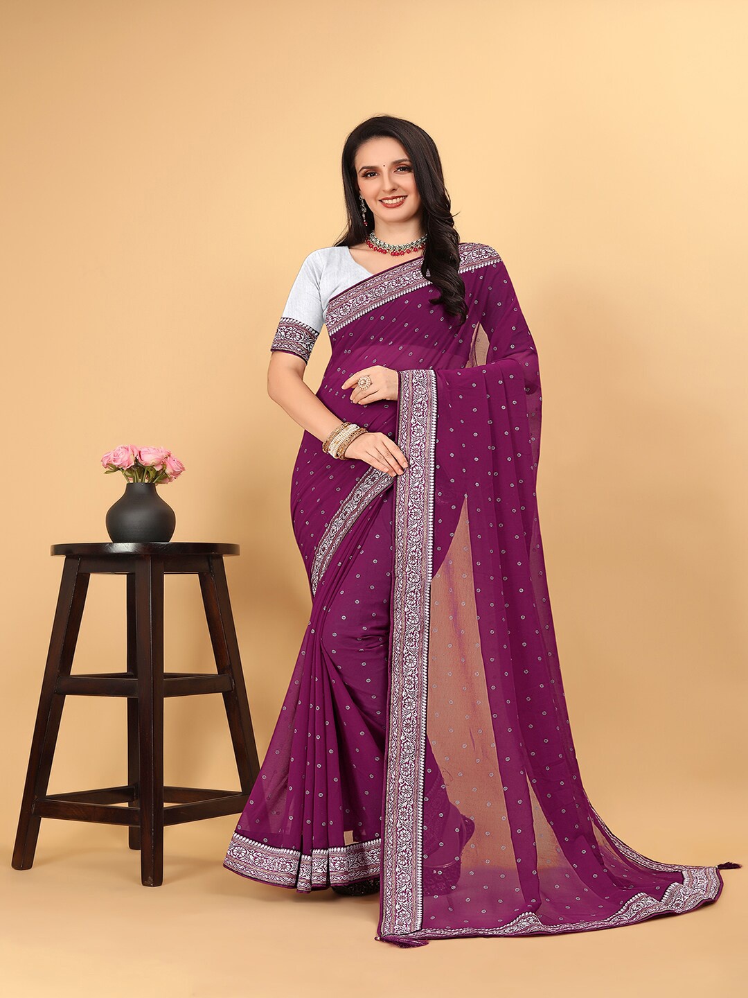 

Pionex Woven Design Zari Poly Georgette Handloom Bhagalpuri Saree, Purple