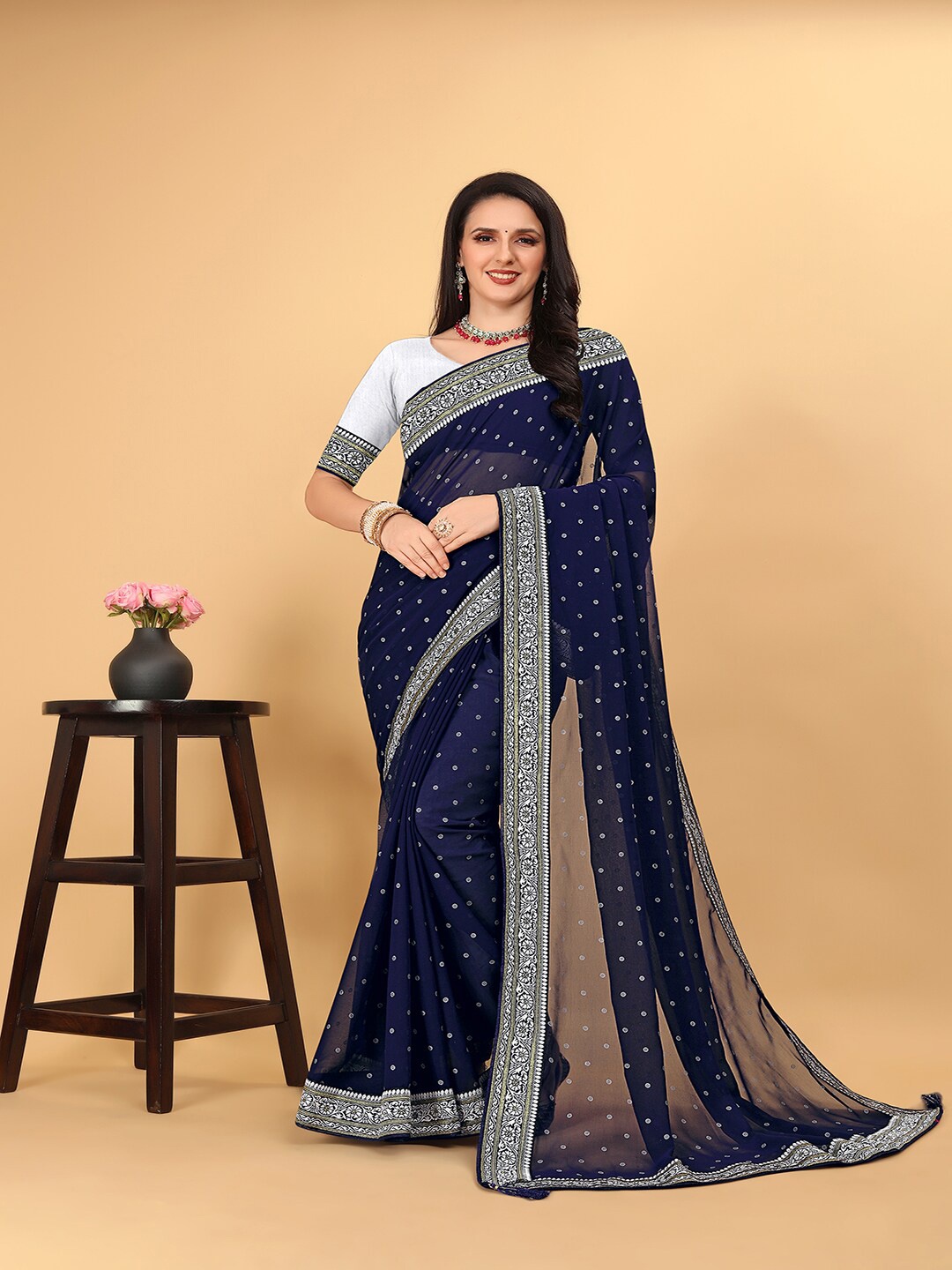

Pionex Woven Design Zari Poly Georgette Handloom Bhagalpuri Saree, Blue