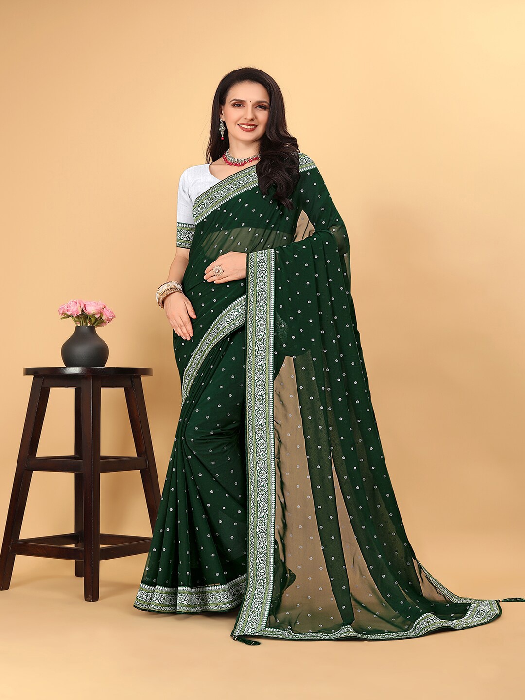 

Pionex Wpoven Desgn Zari Poly Georgette Bhagalpuri Saree, Green