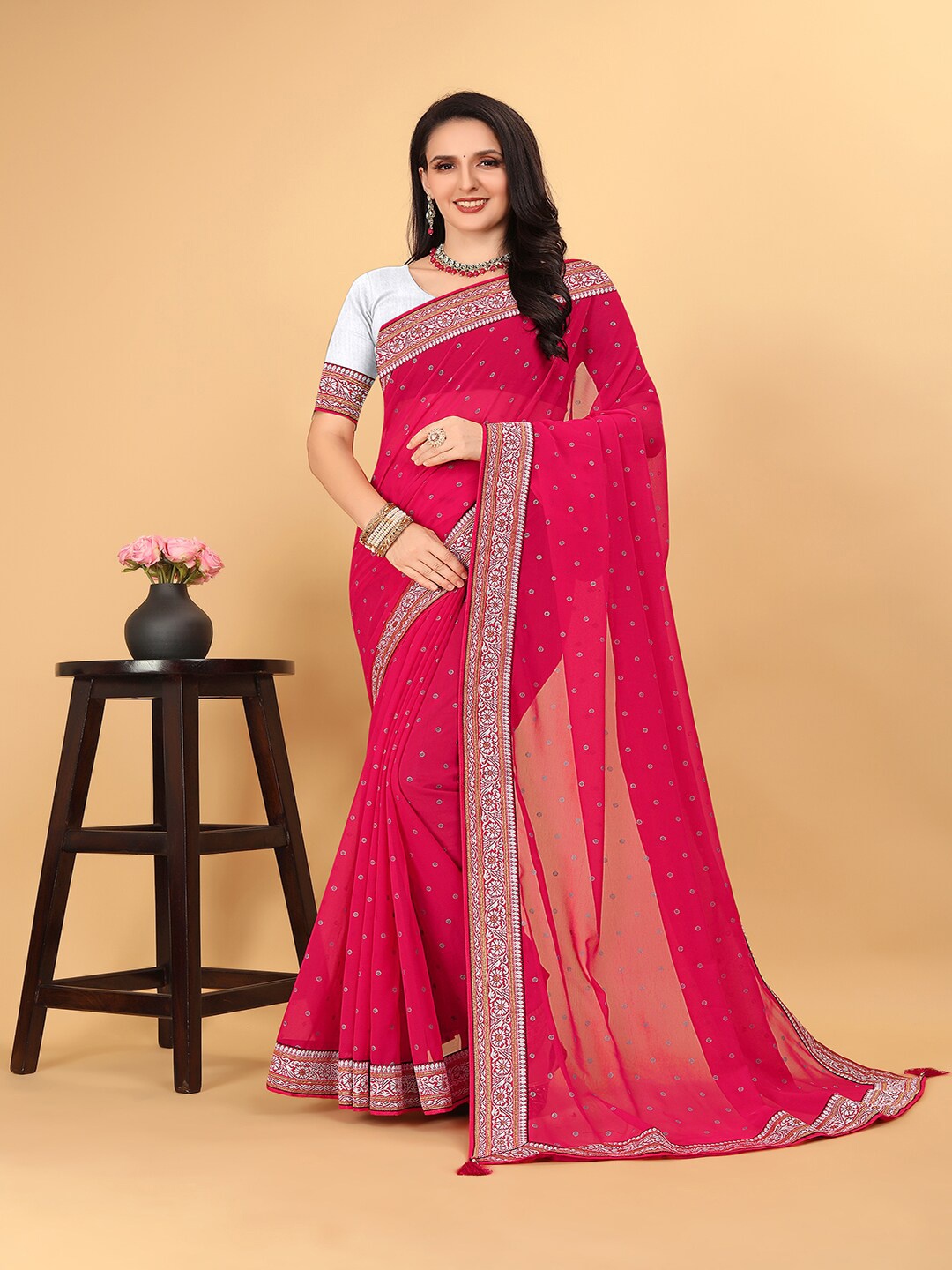 

Pionex Woven Design Zari Poly Georgette Bhagalpuri Saree, Peach