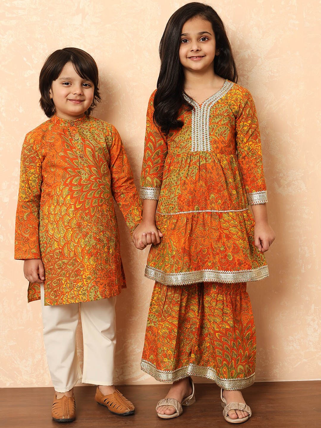 Readiprint Boys Floral Printed Mandarin Collar Pure Cotton Kurta With Pyjama, Orange
