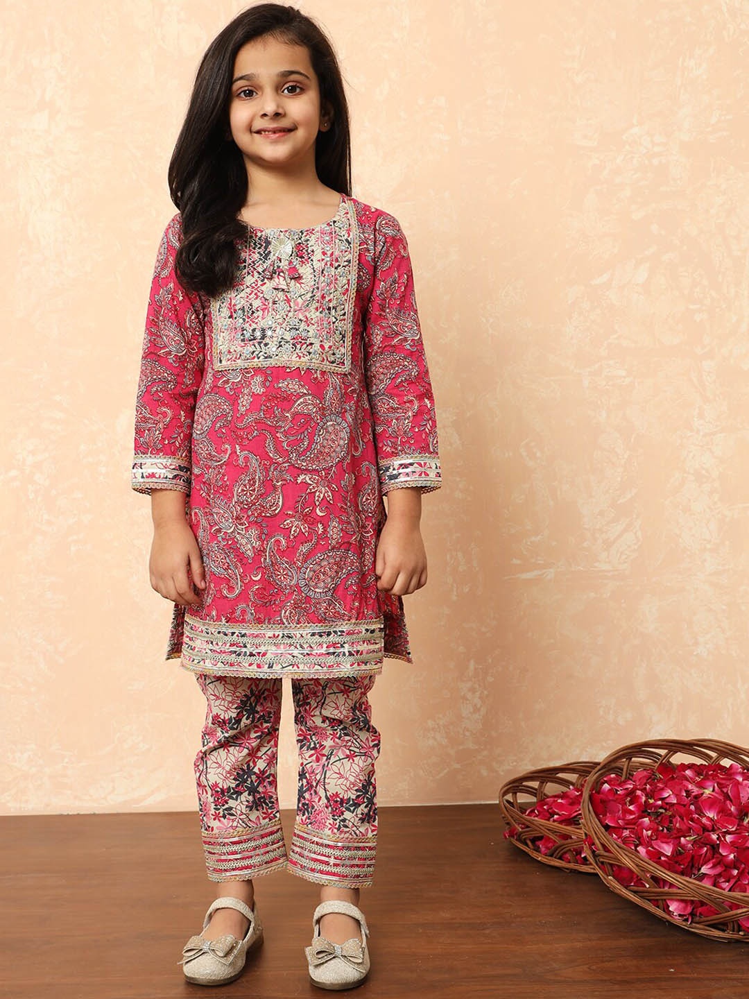 

Readiprint Girls Paisley Printed Pure Cotton Straight Kurti With Pyjamas, Pink