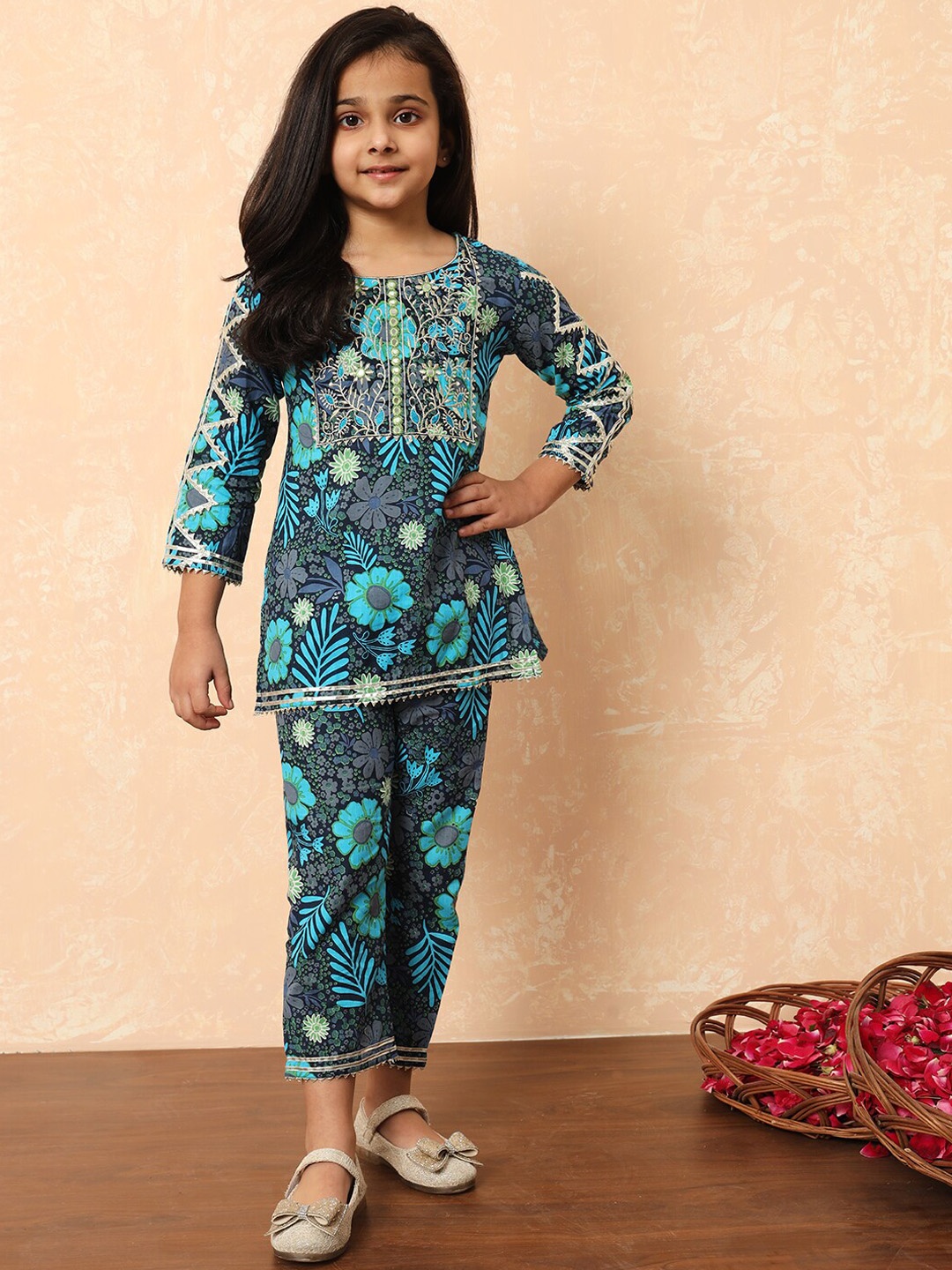 

Readiprint Girls Printed Mirror Work Pure Cotton Straight Kurti With Pyjamas, Blue