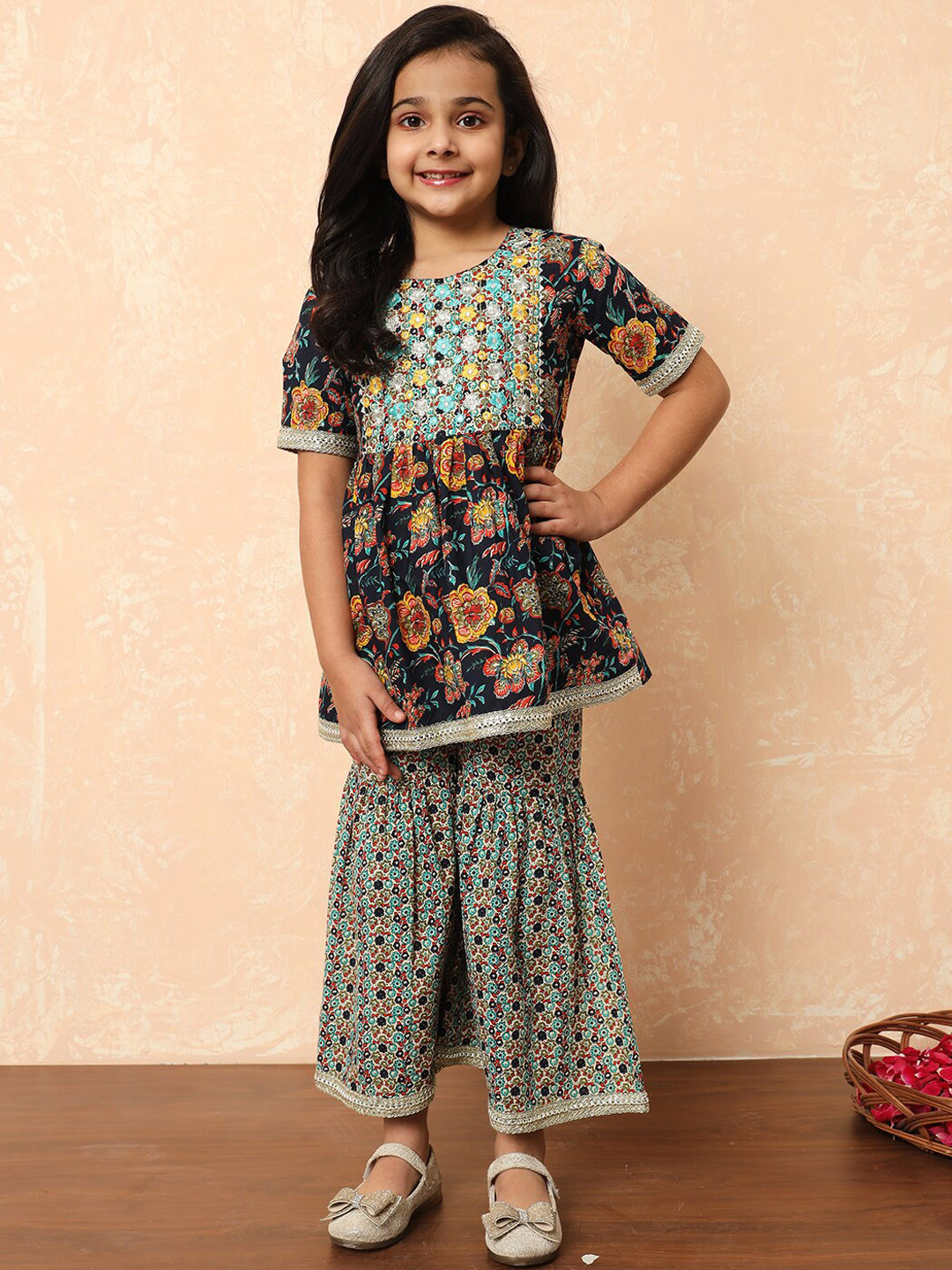 

Readiprint Girls Printed Mirror Work Pure Cotton A-Line Kurti With Sharara, Navy blue