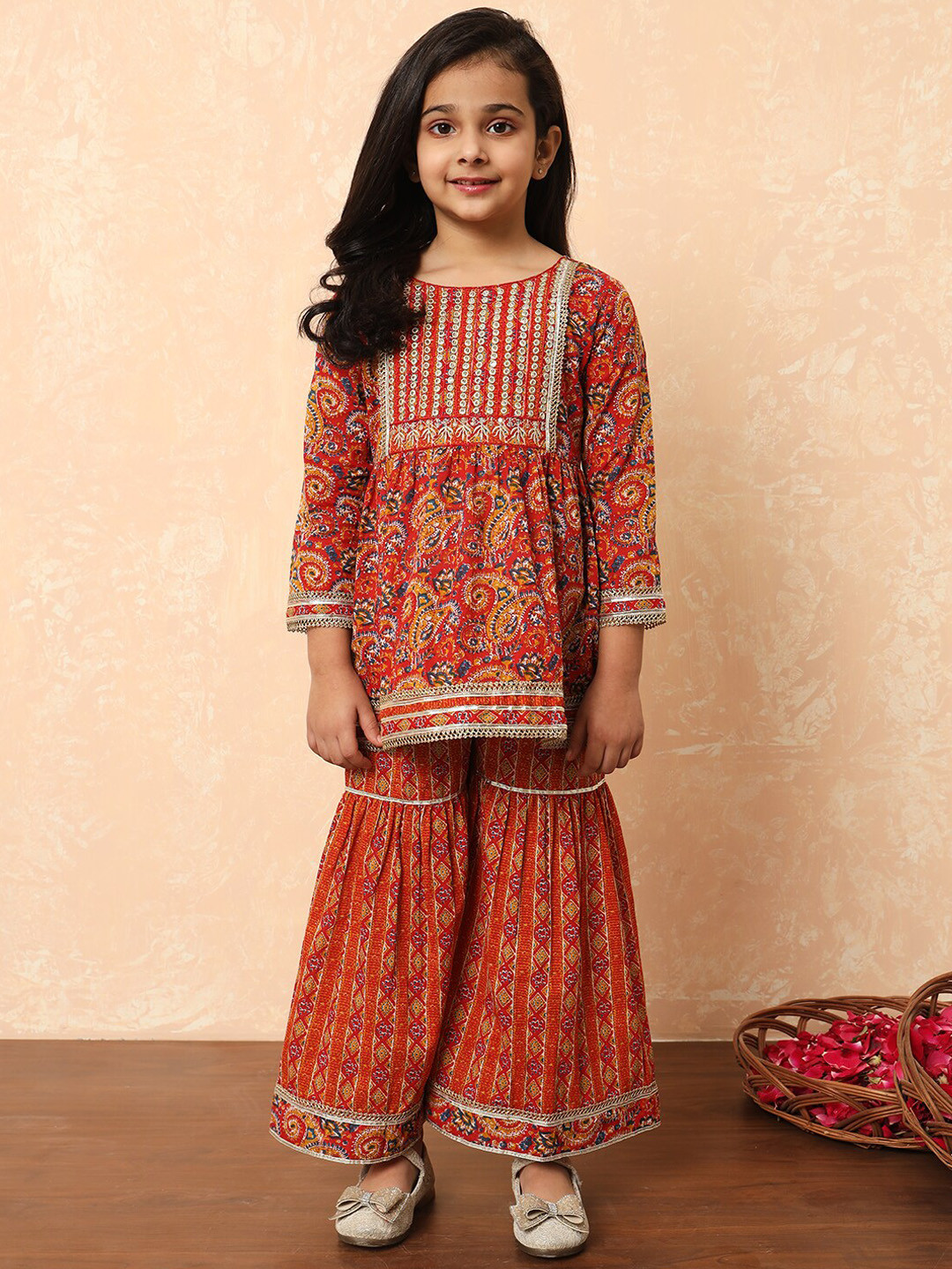 

Readiprint Fashions Girls Floral Printed Pleated Pure Cotton A-Line Kurti With Sharara, Red