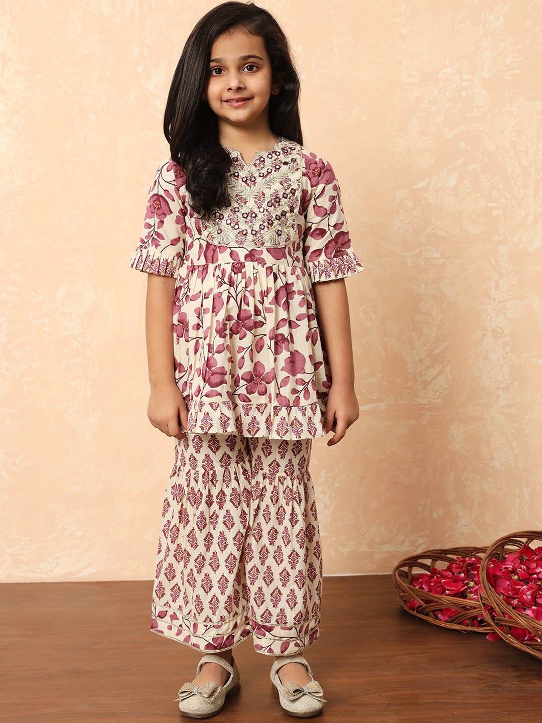 

Readiprint Girls Floral Printed Mirror Work Pure Cotton Kurti with Sharara, Purple