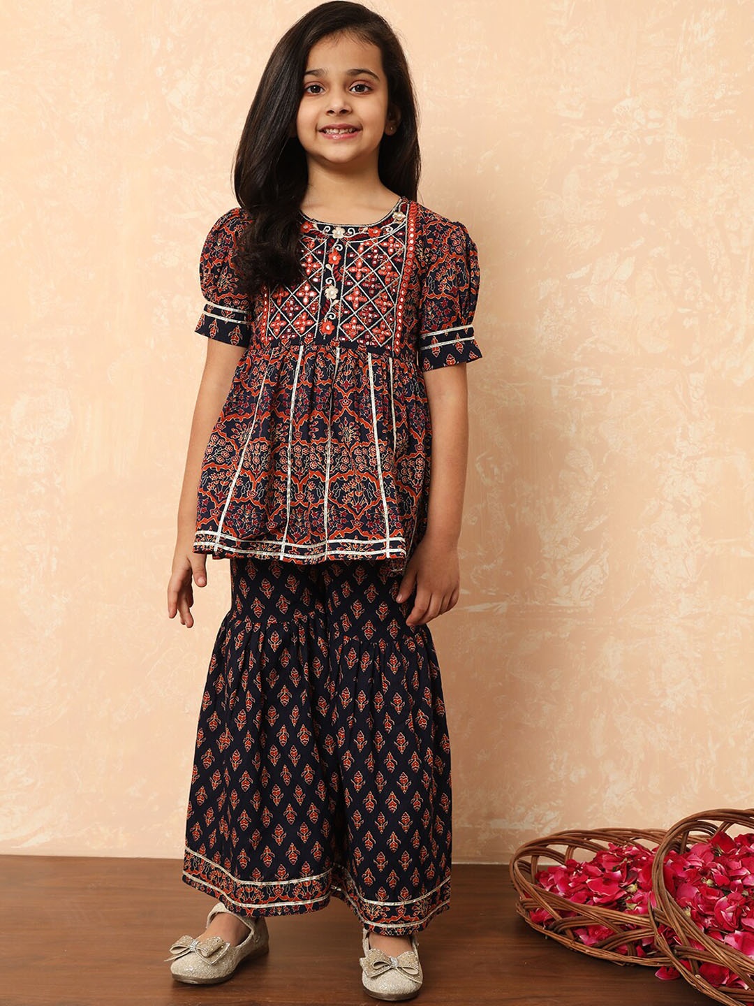 

Readiprint Fashions Girls Printed Mirror Work Pure Cotton A-Line Kurti With Sharara, Blue