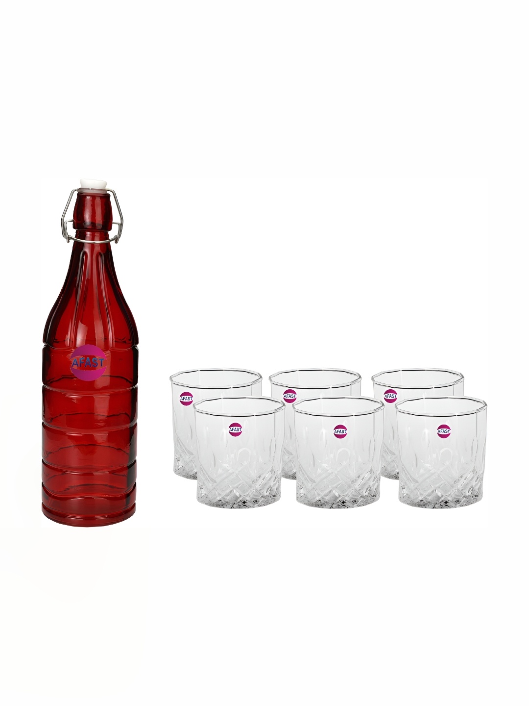 

Afast Red & Transparent 7 Pieces Whisky Glasses With Water Bottle