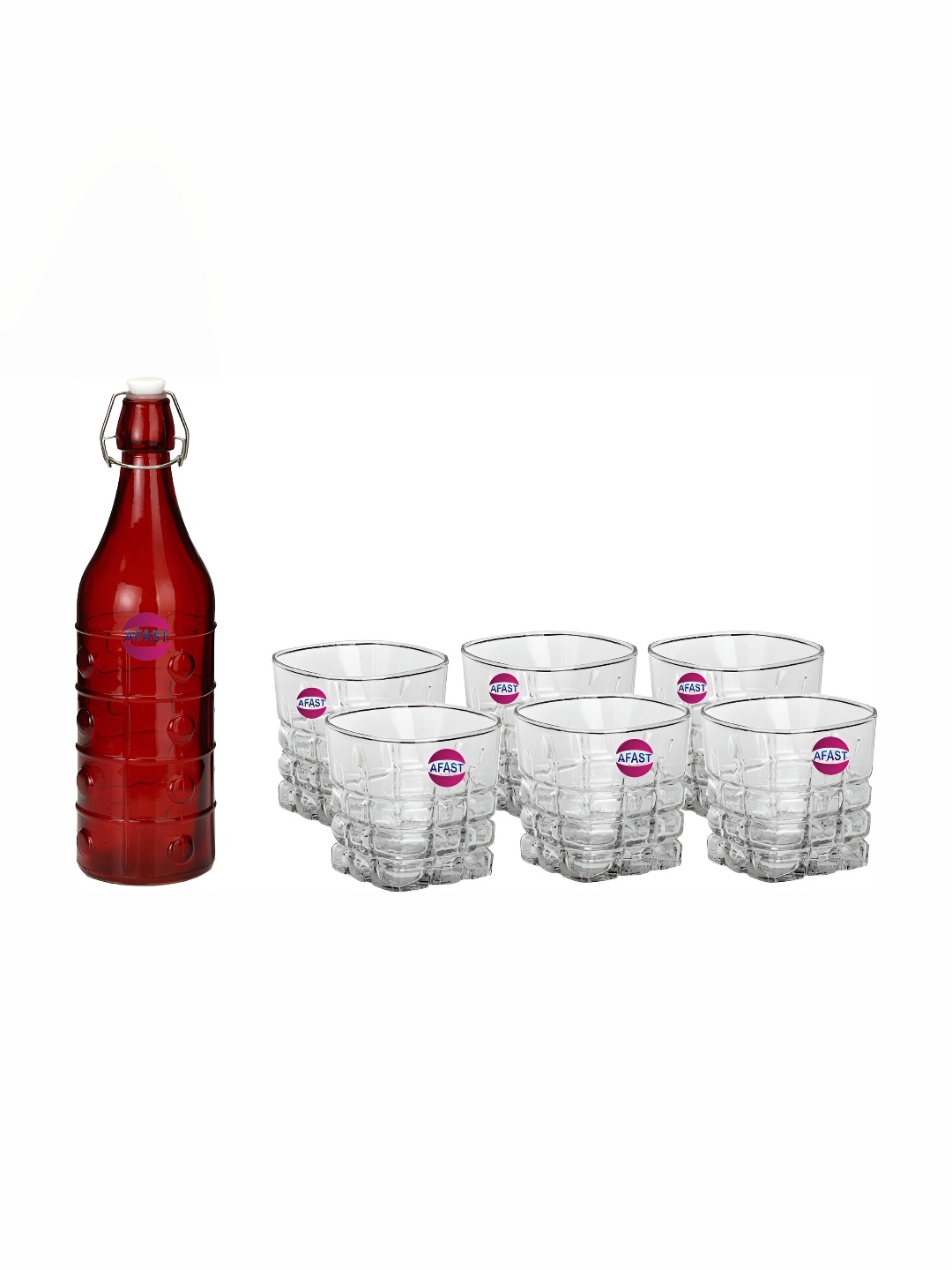 

Afast Transparent & Red 7 Pieces Water Bottle With Water Or Juice Glasses 180 ml