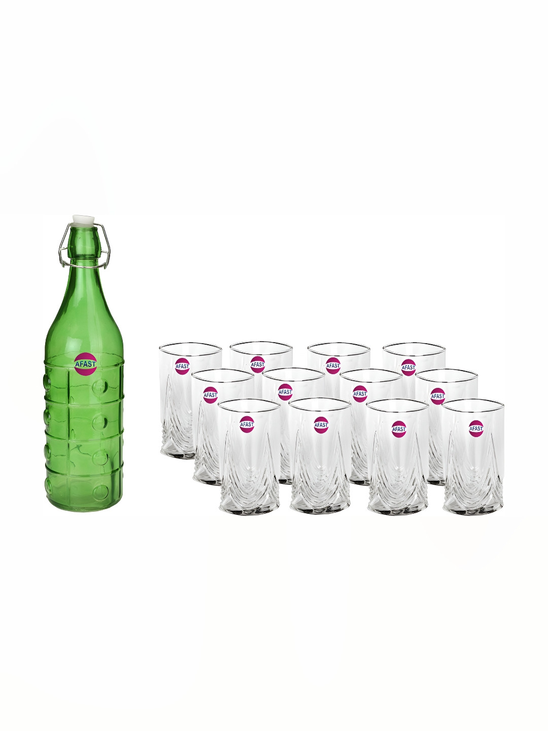

Afast Green & Transparent 13 Pcs Glass Water Or Juice Glass With Water Bottle Set 330 ml