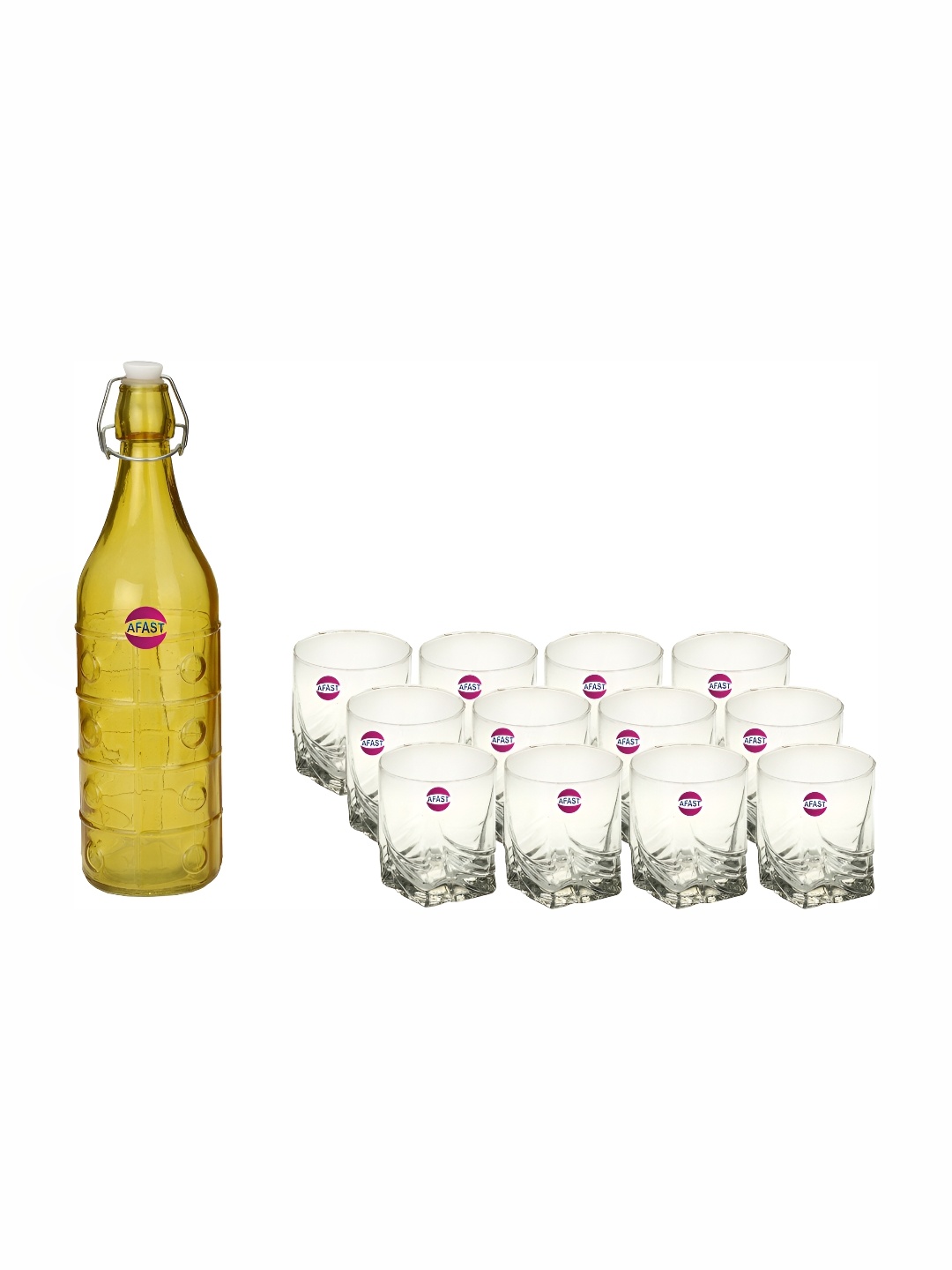 

Afast Yellow & Transparent 13 Pieces Glass Whisky Glasses With Water Bottle Set 330 ml