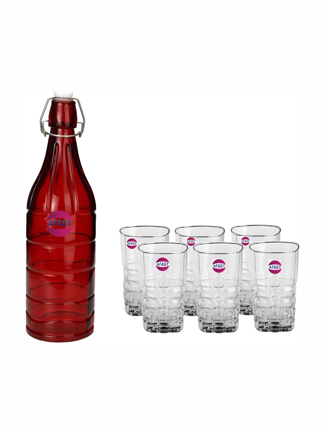 

Afast Red & Transparent 7 Pieces Glass Water or Juice Glass With Water Bottle Set 330 ml