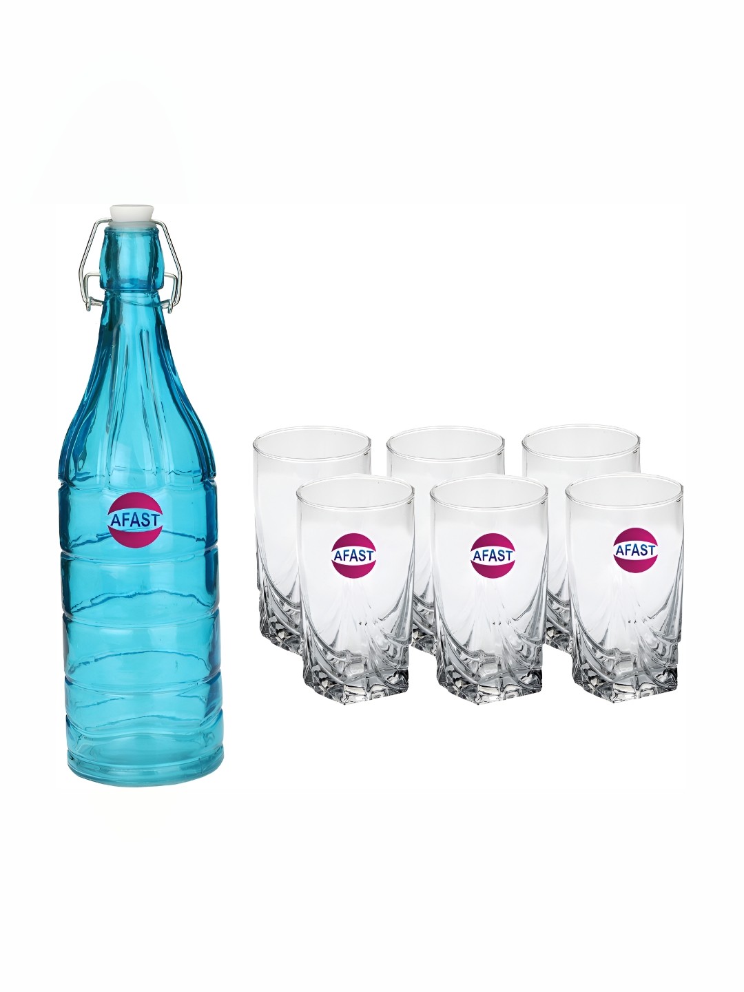 

Afast Blue & Transparent 7 Pieces Glass Water or Juice Glass With Water Bottle Set 220 ml