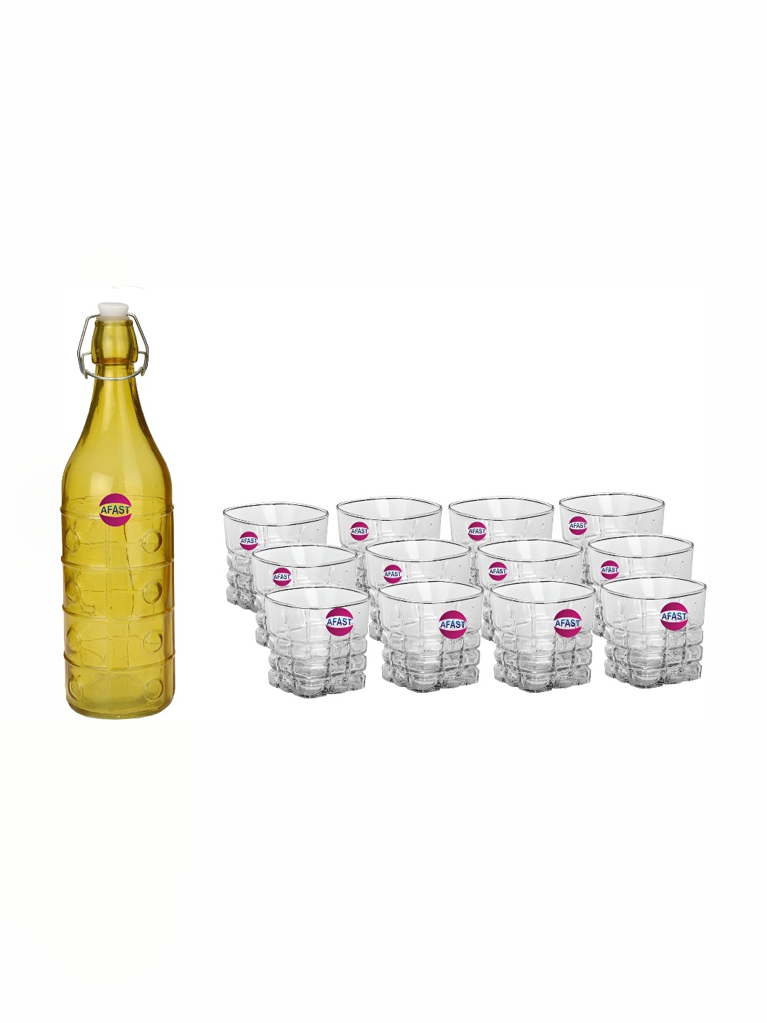 

Afast Yellow & Transparent 13 Pcs Glass Whisky Glass With Water Bottle Set 180 ml