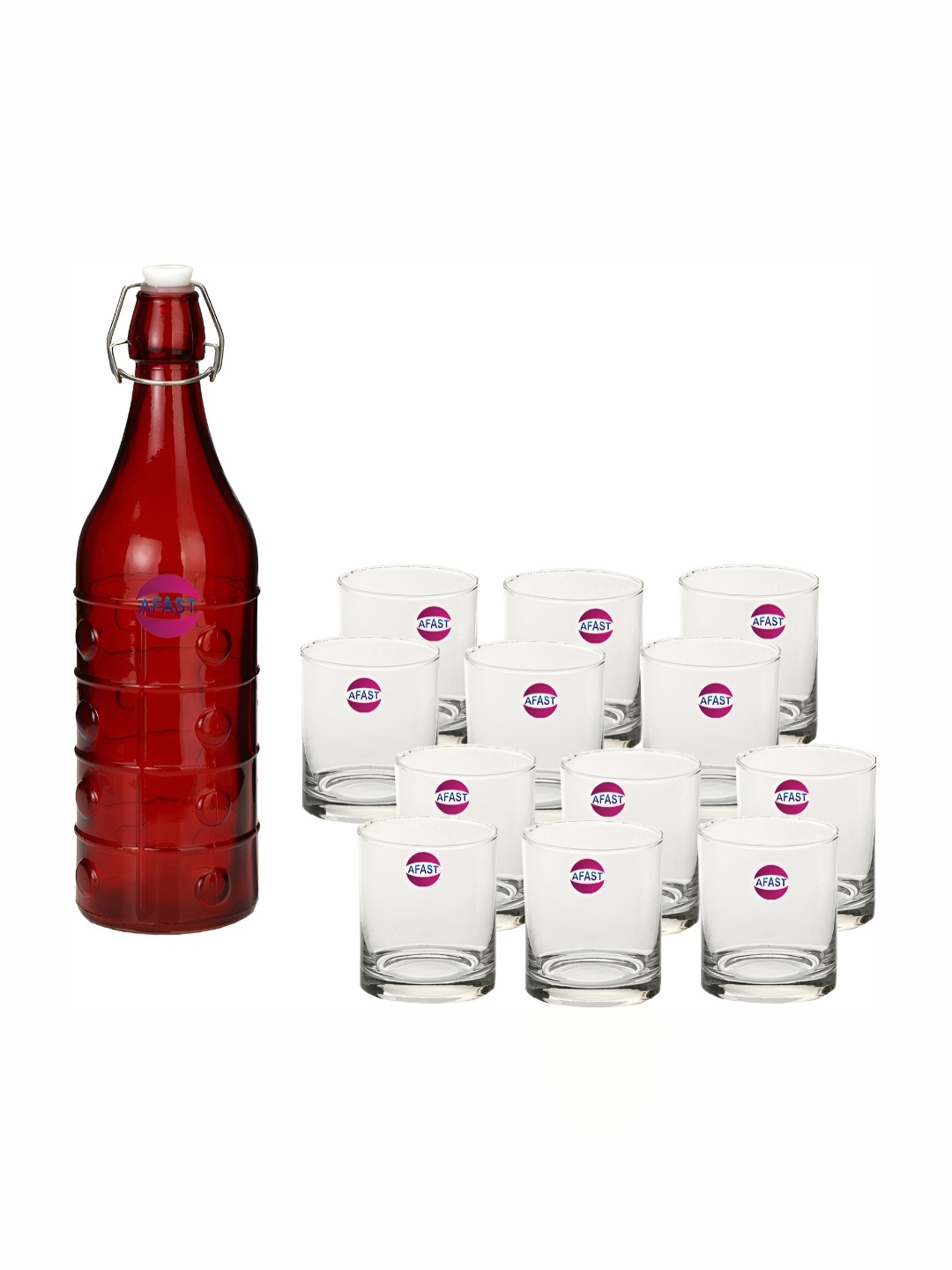 

Afast Red & Transparent 13 Pieces Glass Whisky Glass With Water Bottle Set 1 Ltr