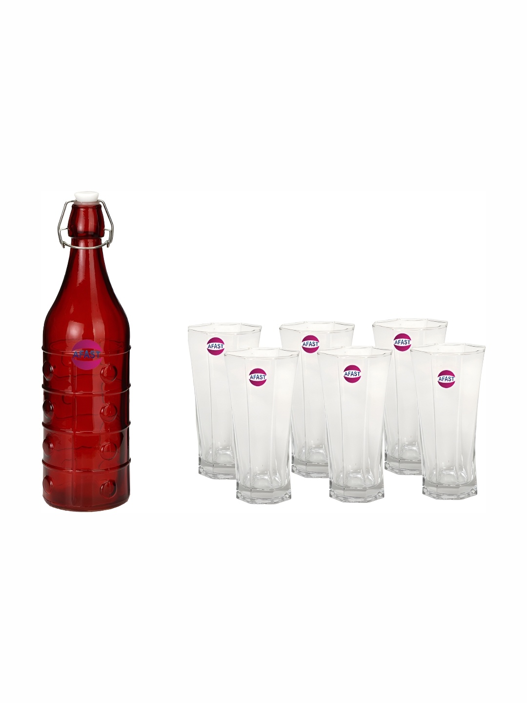

Afast Red & Transparent 7 Pieces Glass Water or Juice Glass With Water Bottle Set 180 ml