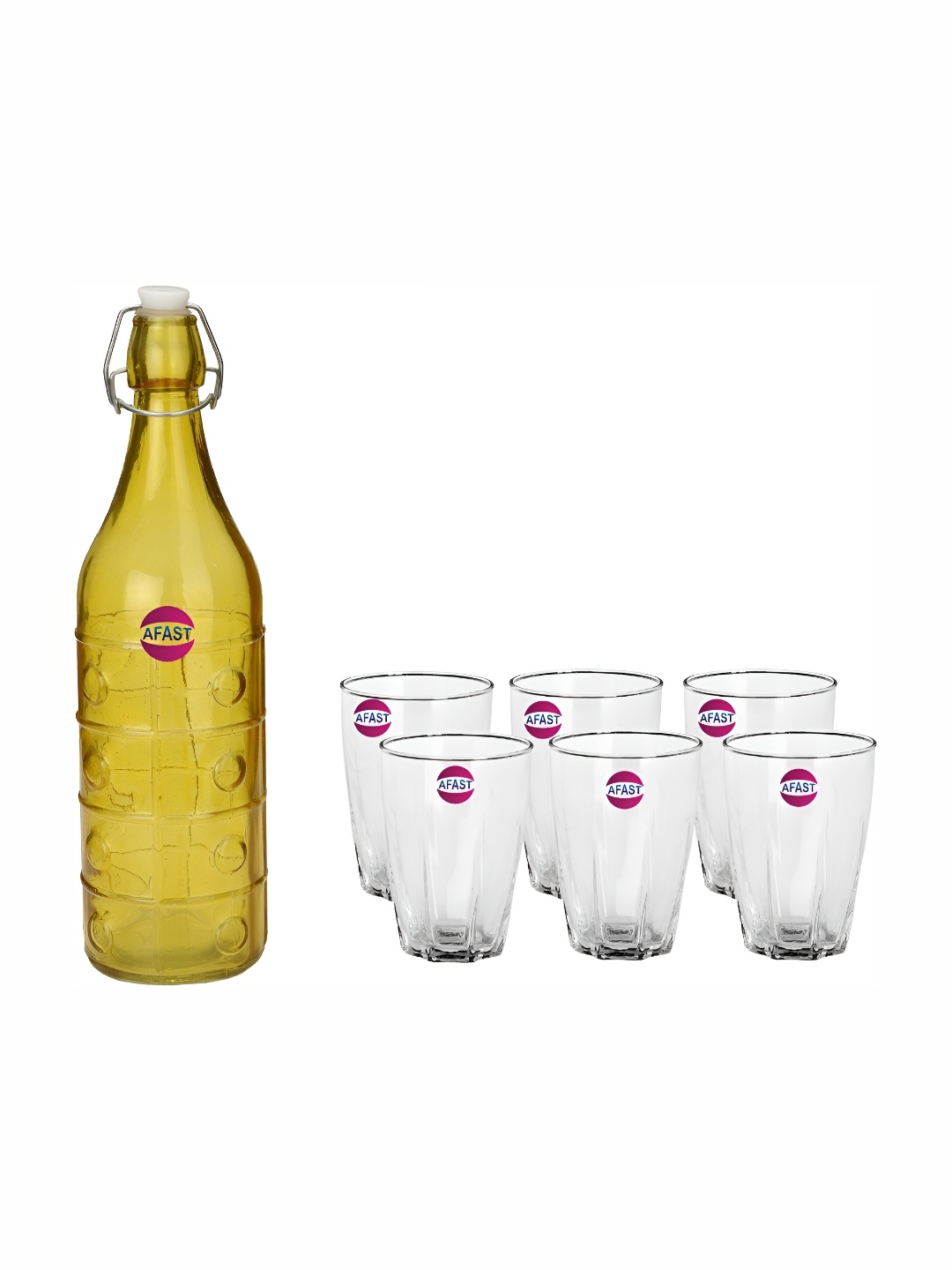 

Afast Yellow & Transparent 7 Pieces Glass Shot Glasses With Water Bottle Set 1 ltr