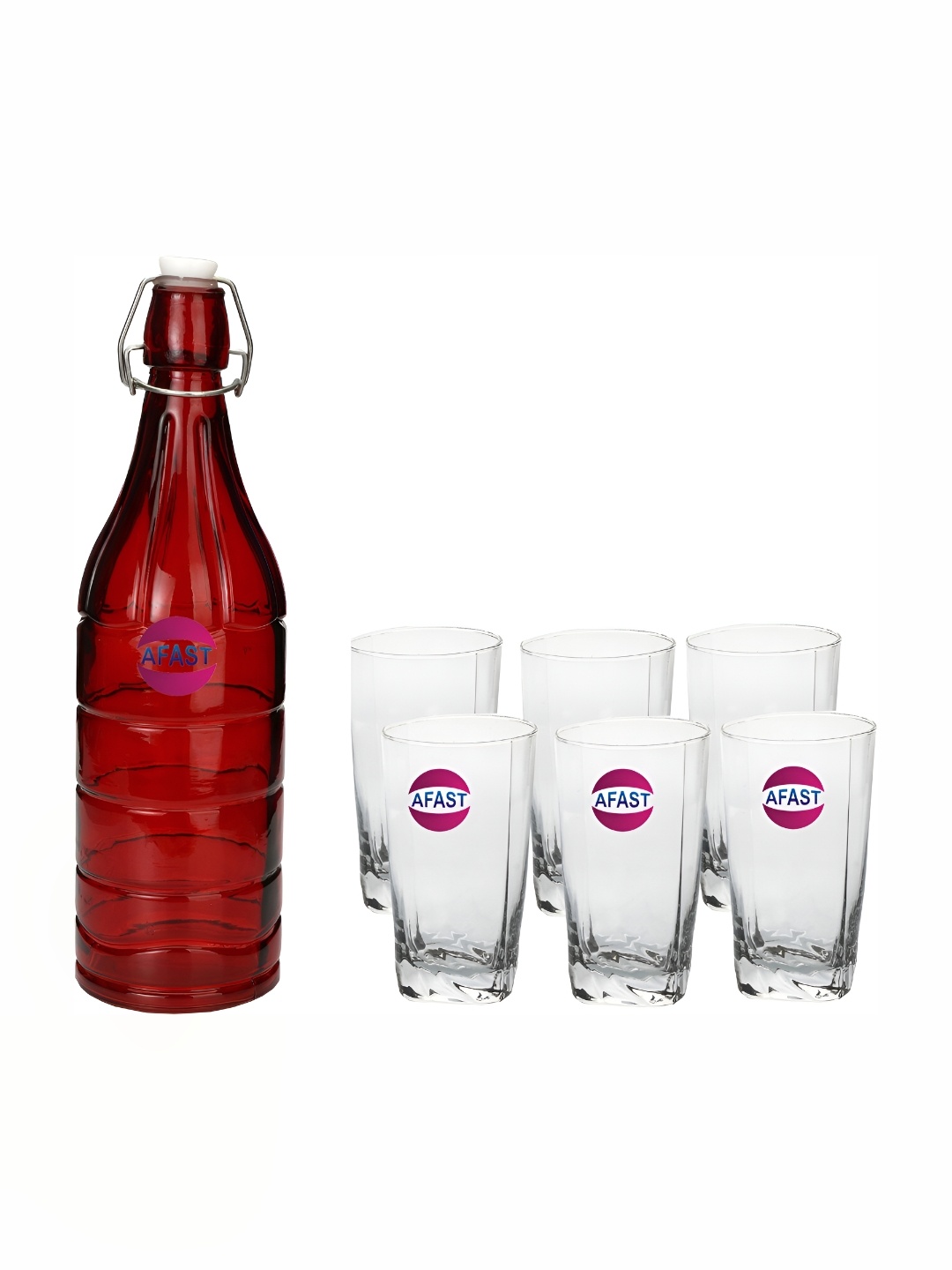 

Afast Red & Transparent 7 Pieces Water or Juice Glasses With Water Bottle