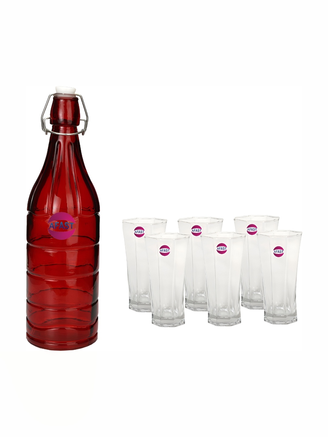 

Afast Red & Transparent 7 Pieces Water or Juice Glasses With Water Bottle