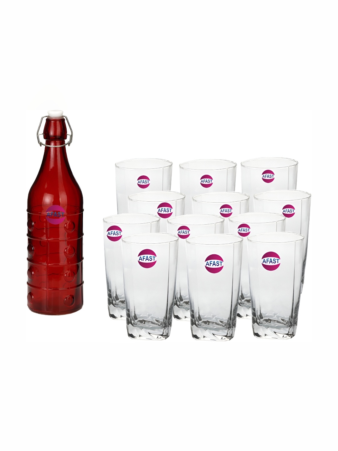 

Afast Red & Transparent 13 Pieces Textured Water Bottle With Glasses Set