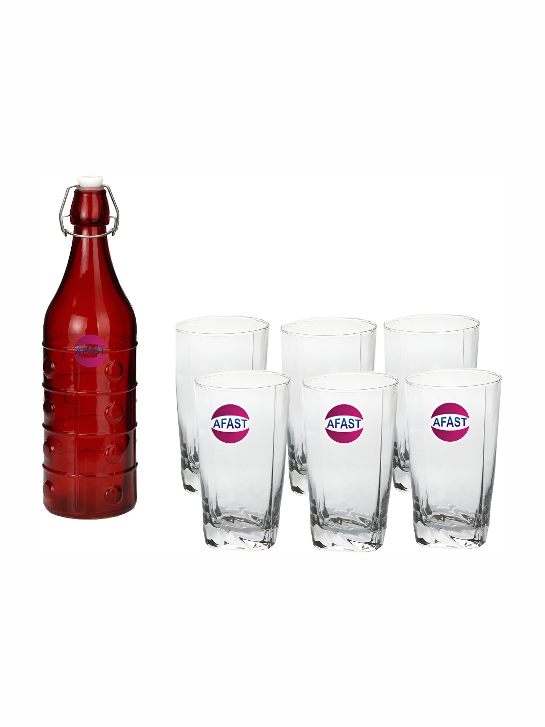 

Afast Red & Transparent 7 Pieces Textured Water Bottle With Glasses Set