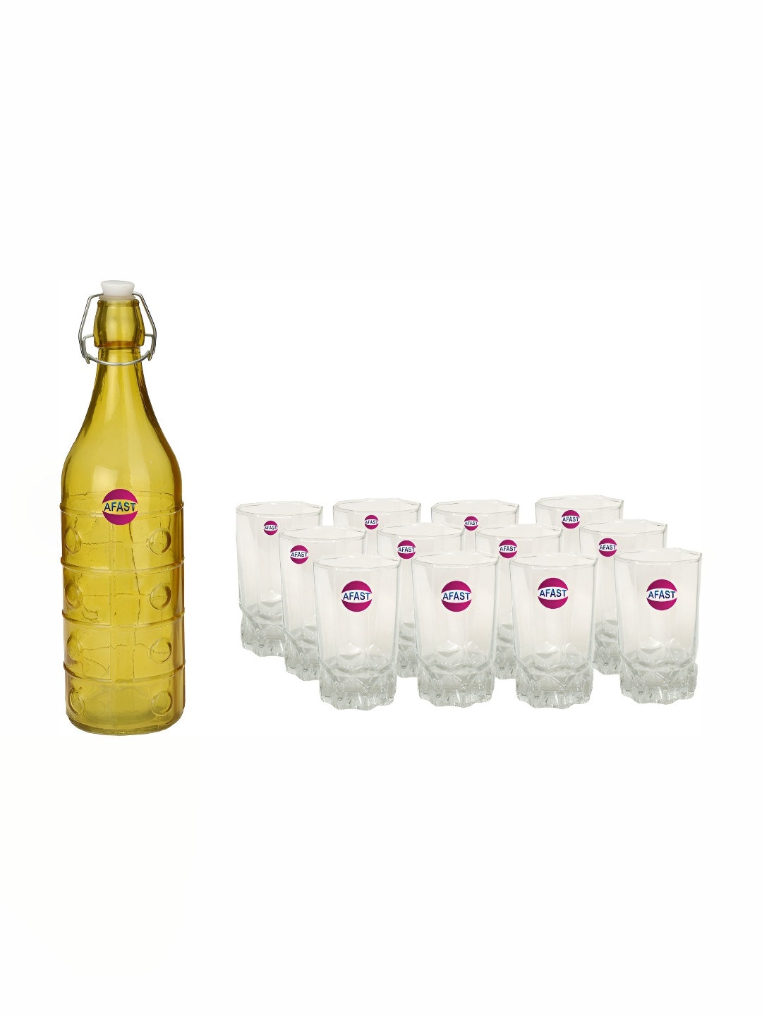 

Afast Yellow & Transparent 13 Pieces Textured Water Bottle With Glasses Set