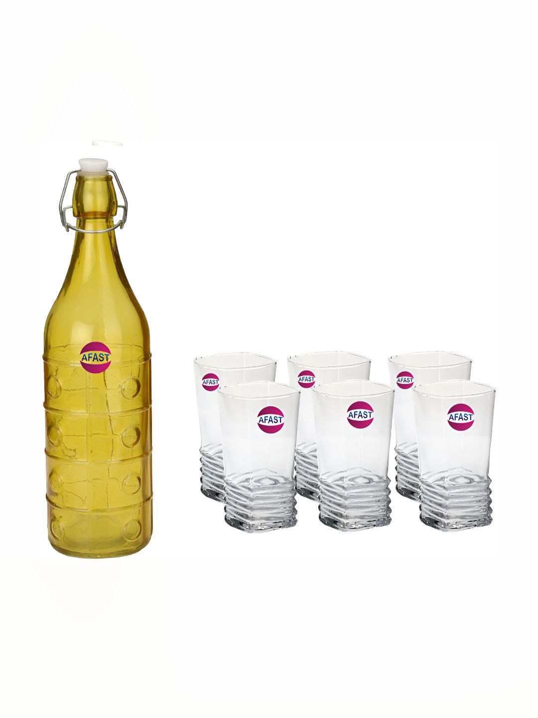 

Afast Yellow & Transparent 7 Pieces Textured Water Bottle With Glasses Set