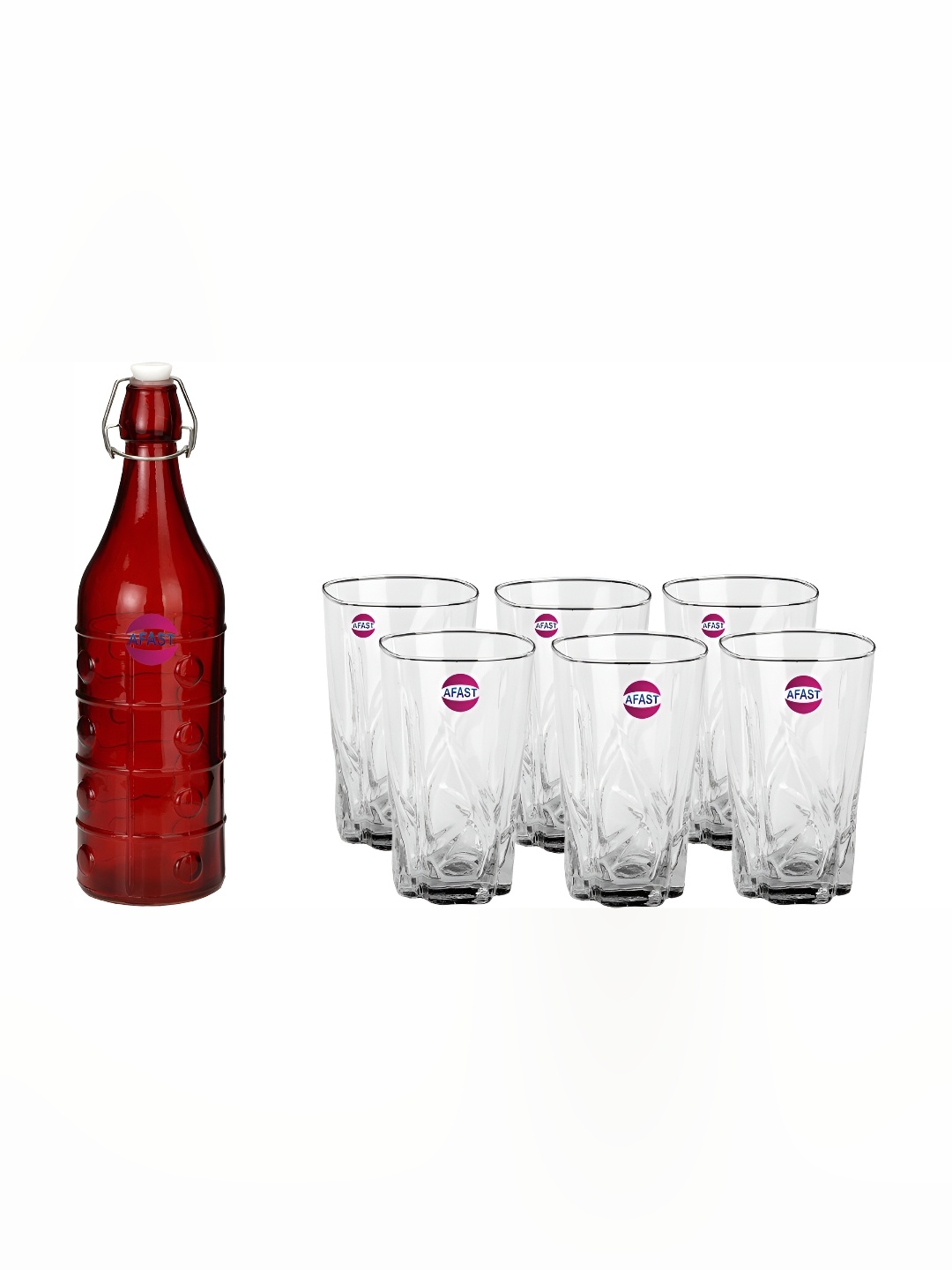

Afast Red & Transparent 7 Pieces Textured Water Bottle With Glasses Set