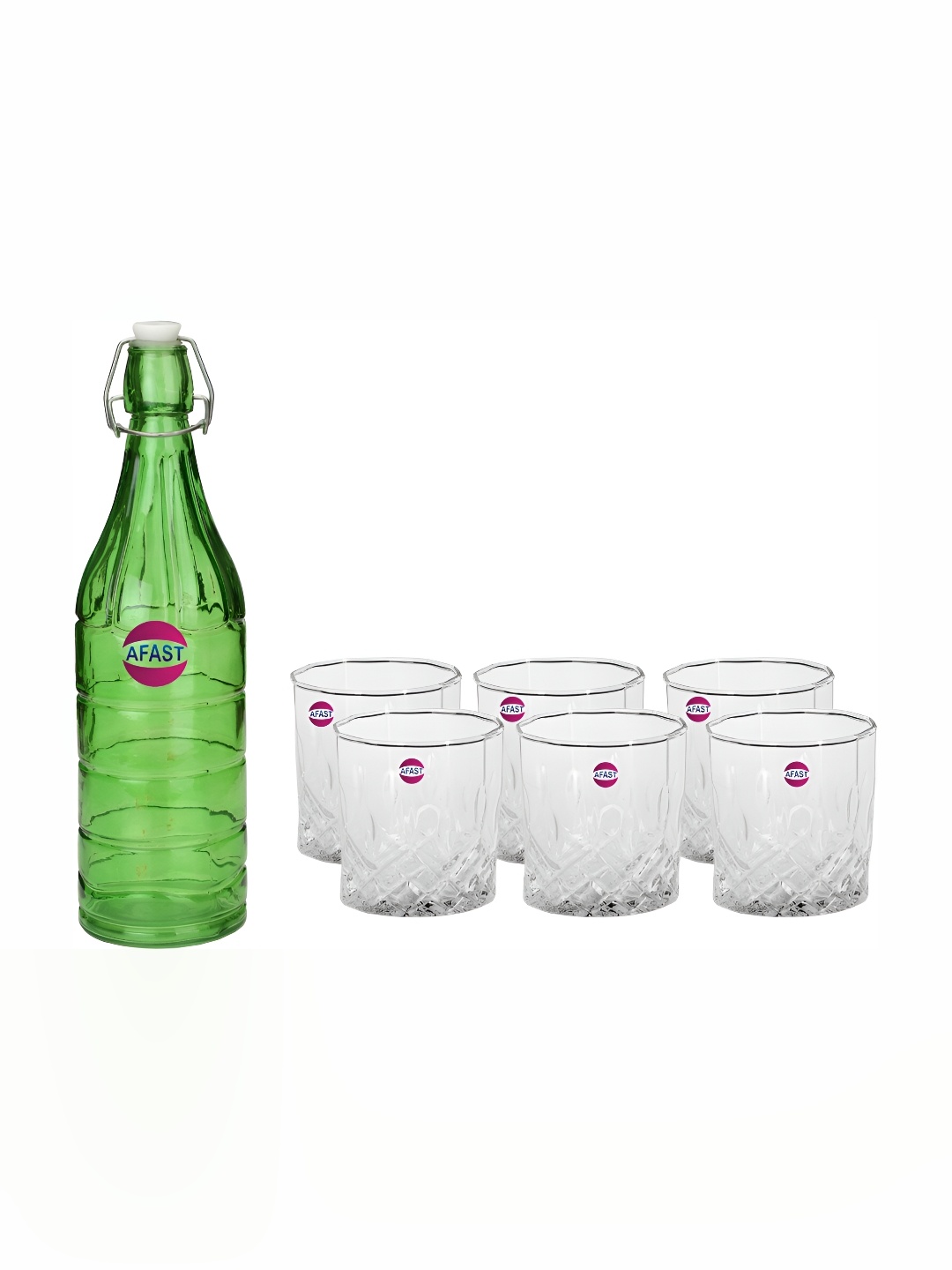 

Afast Green & Transparent 7 Pieces Textured Water Bottle With Glasses Set